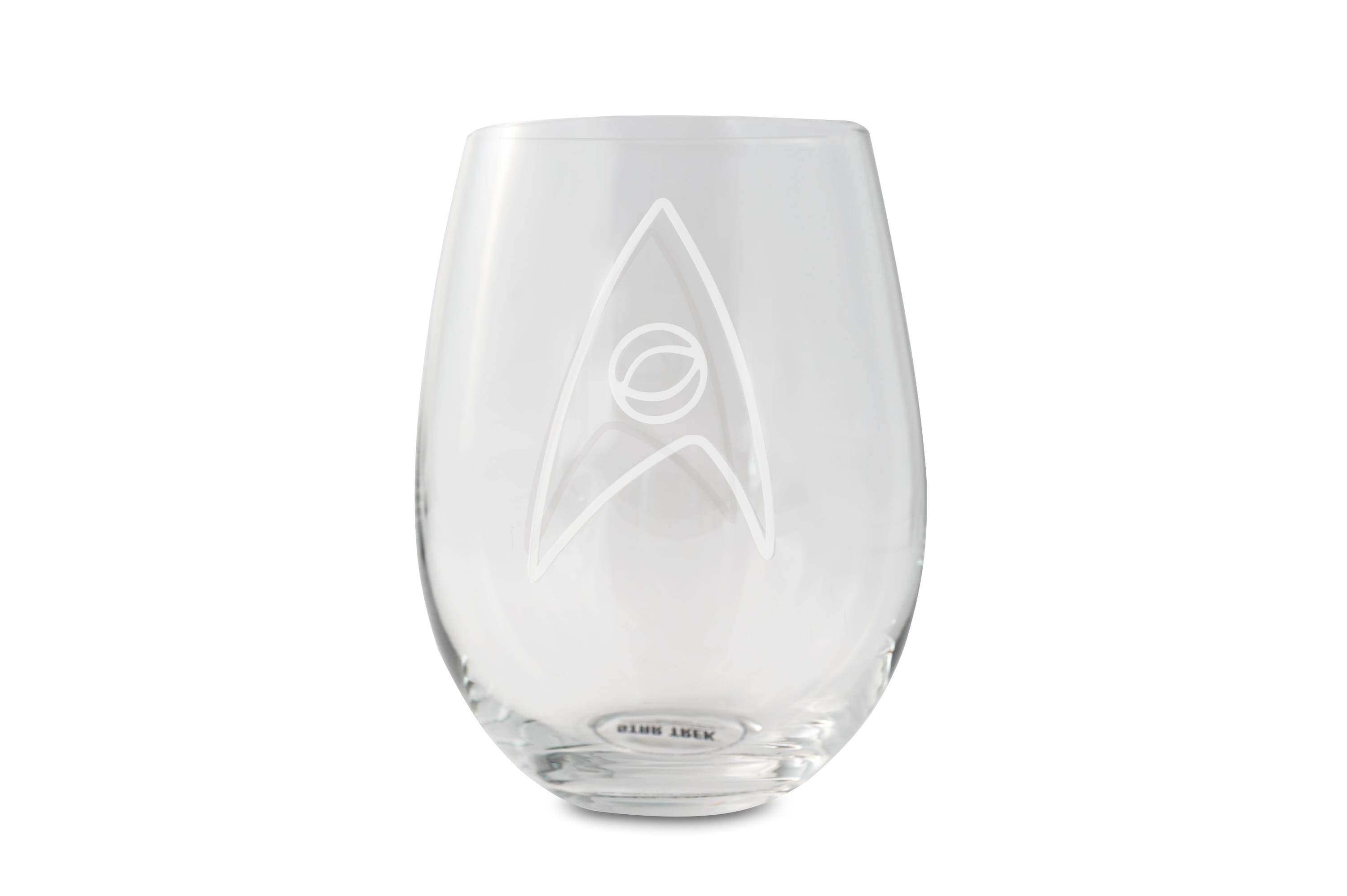 Front. Surreal Entertainment - Star Trek Stemless Wine Glass Decorative Etched Sciences Emblem | Holds 20 Ounces - Clear.