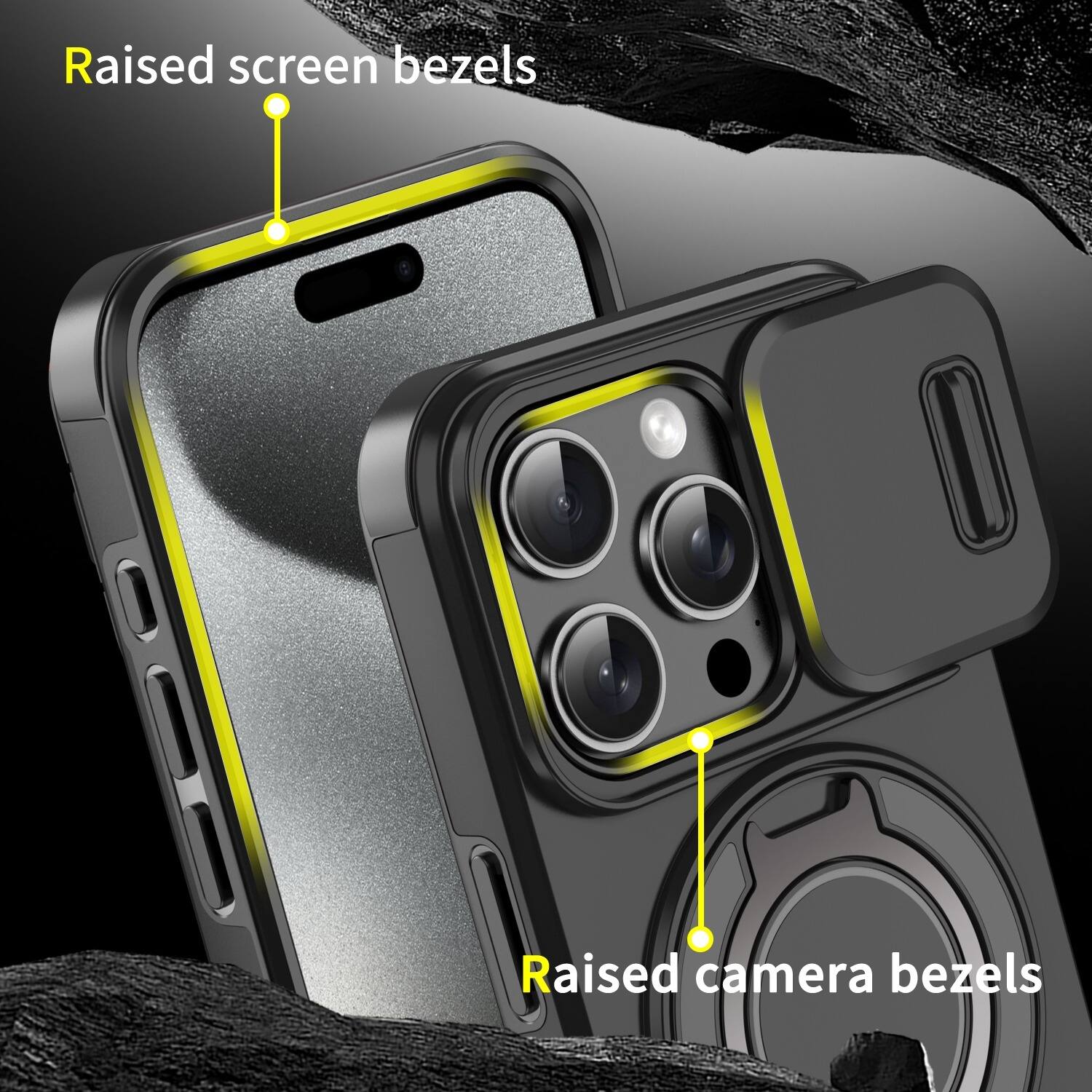 Raised screen bezels  
Raised camera bezels