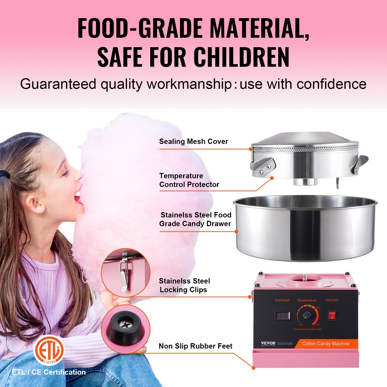 FOOD-GRADE MATERIAL, SAFE FOR CHILDREN

Guaranteed quality workmanship: use with confidence

Sealing Mesh Cover
Temperature Control Protector
Stainless Steel Food Grade Candy Drawer
Stainless Steel Locking Clips
Voltmeter Temperature ON/OFF

ETL LISTED
ETL/CE Certification
Non Slip Rubber Feet

VEVOR Cotton Candy Machine