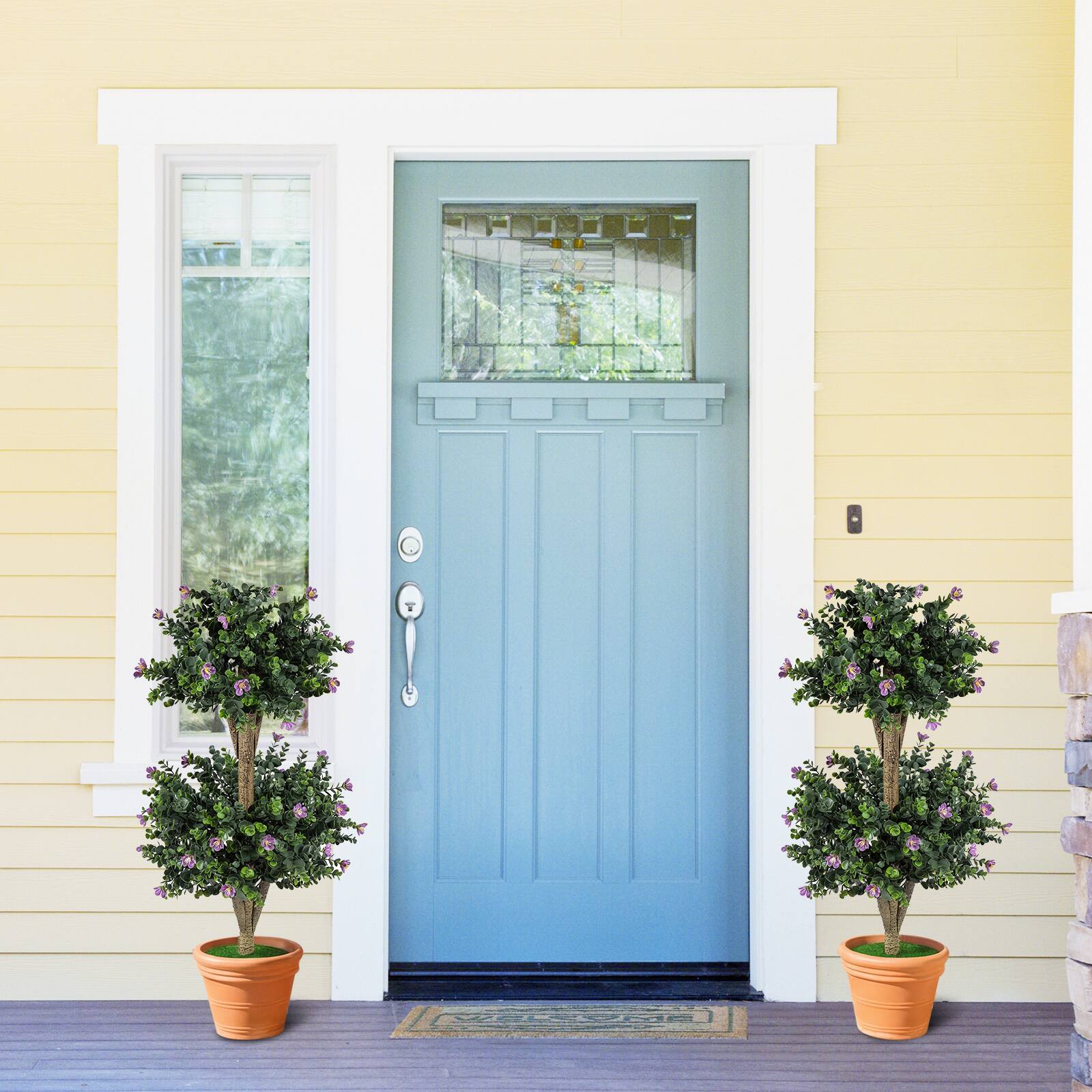 Alt View 3. Costway - Costway 2 Pack 36" Artificial Double Ball Boxwood Topiary Tree with 41 Blossoms Plastic Pot - Green & Black & Purple.