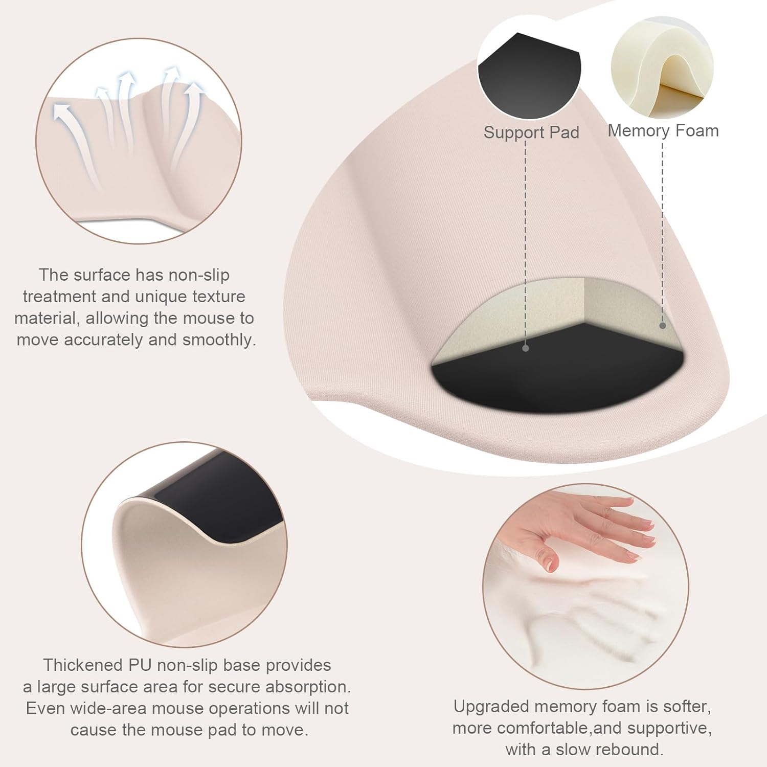 Support Pad Memory Foam

The surface has non-slip treatment and unique texture material, allowing the mouse to move accurately and smoothly.

Thickened PU non-slip base provides a large surface area for secure absorption. Even wide-area mouse operations will not cause the mouse pad to move.

Upgraded memory foam is softer, more comfortable, and supportive, with a slow rebound.