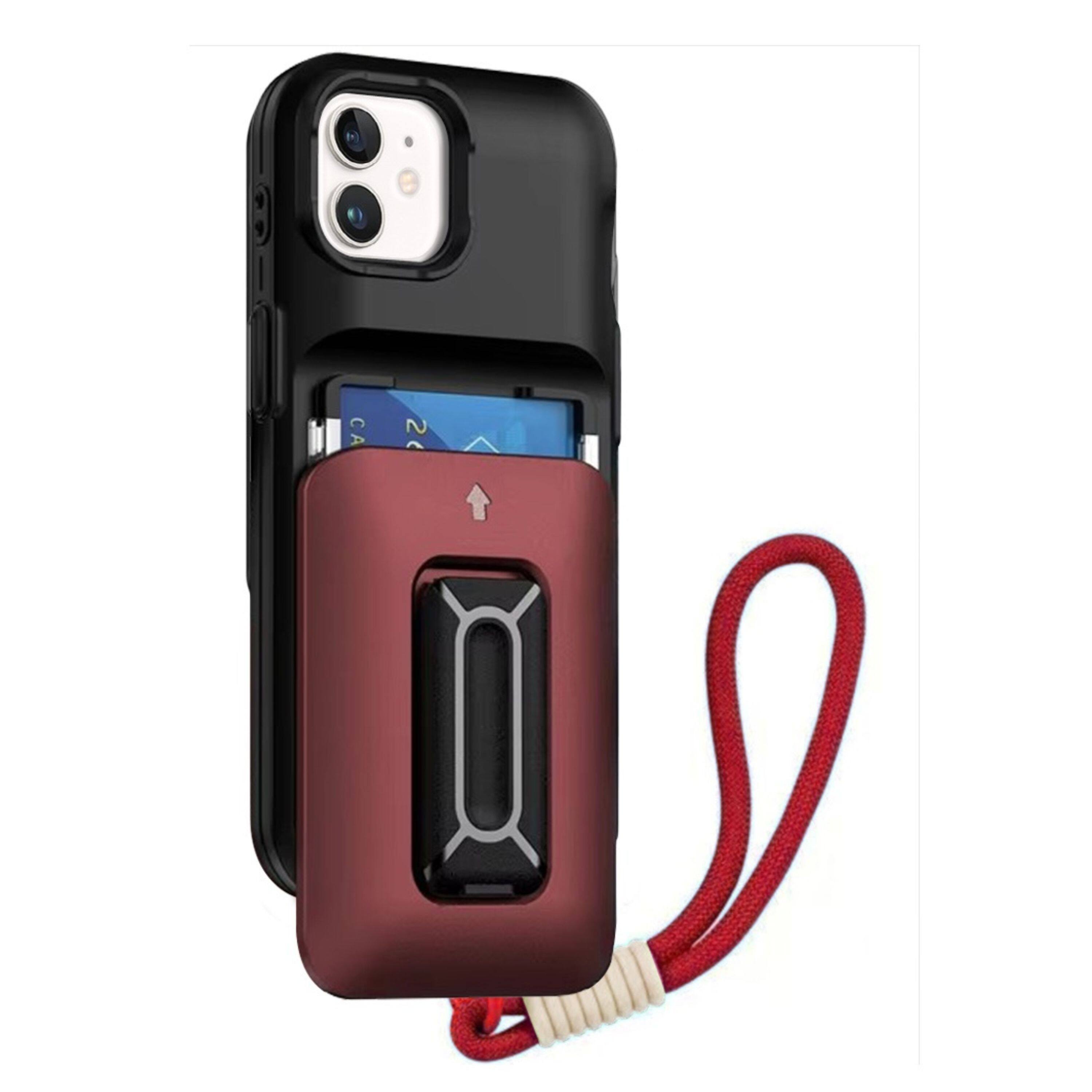 Angle. Kitcheniva - Shockproof Card Holder Kickstand And Strap Phone Case With Tempered Glass For iPhone 11 Black Red - Black Red.