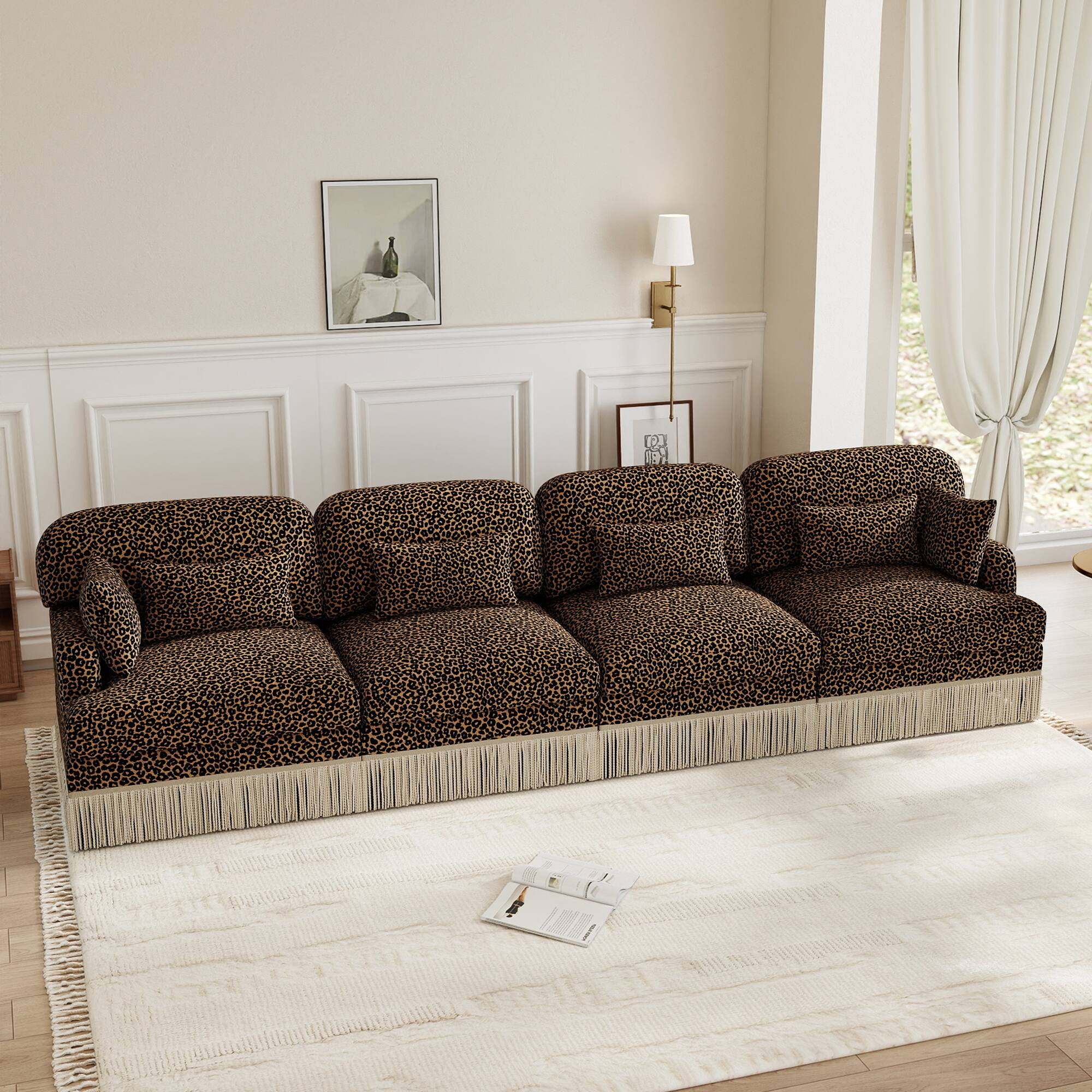 Left. Anysun - 131" Leopard Print Chenille 4-Seater Modular Sofa, Tassel Edge, Ergonomic Deep Seat, Easy Assembly Couch for Living Room - Brown.