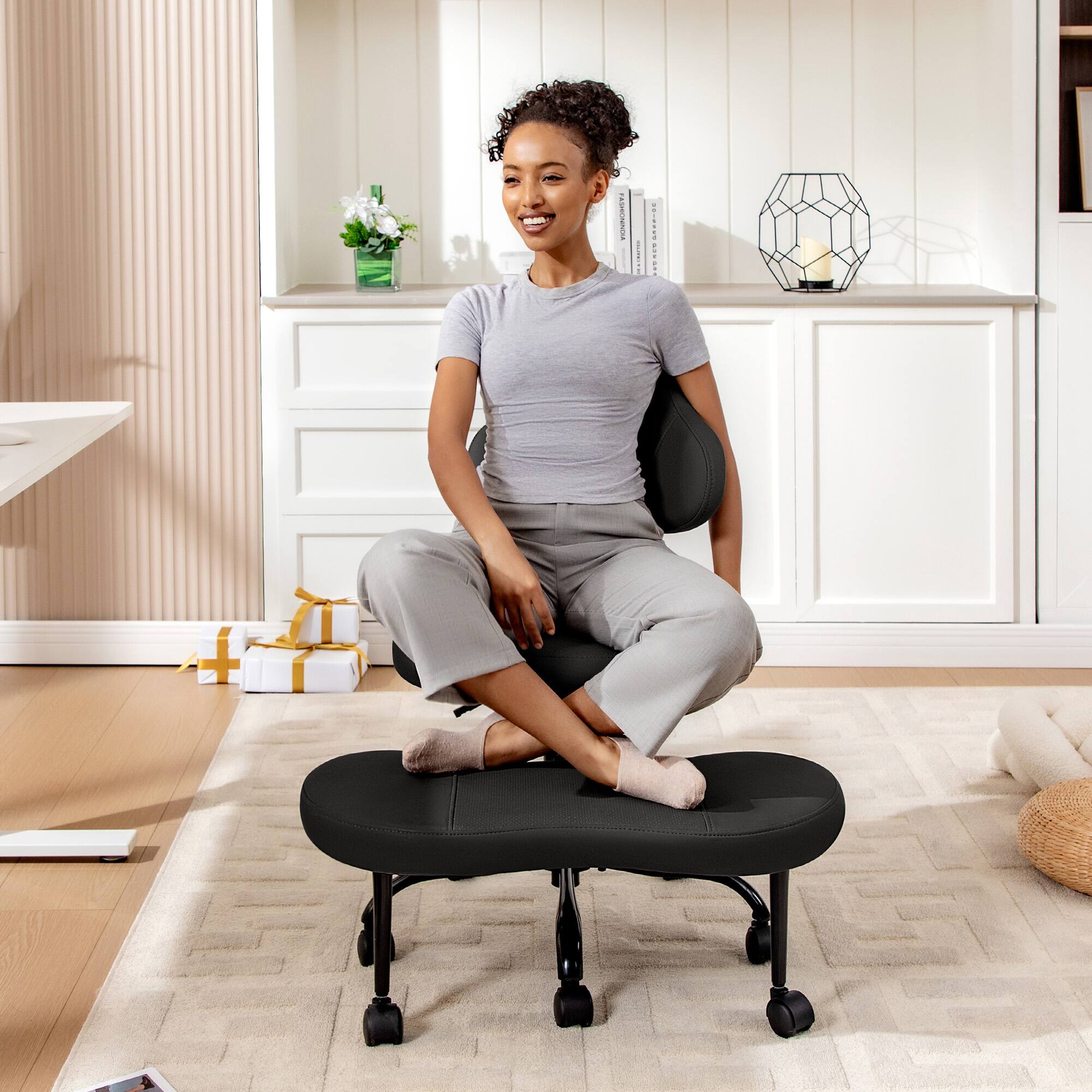 Alt View 4. KERDOM - Ergonomic Cross-Legged Office Chair with Wheels, Meditation & Kneeling Chair for Adult, PU Leather Wide Seat 360° Swivel - Black.