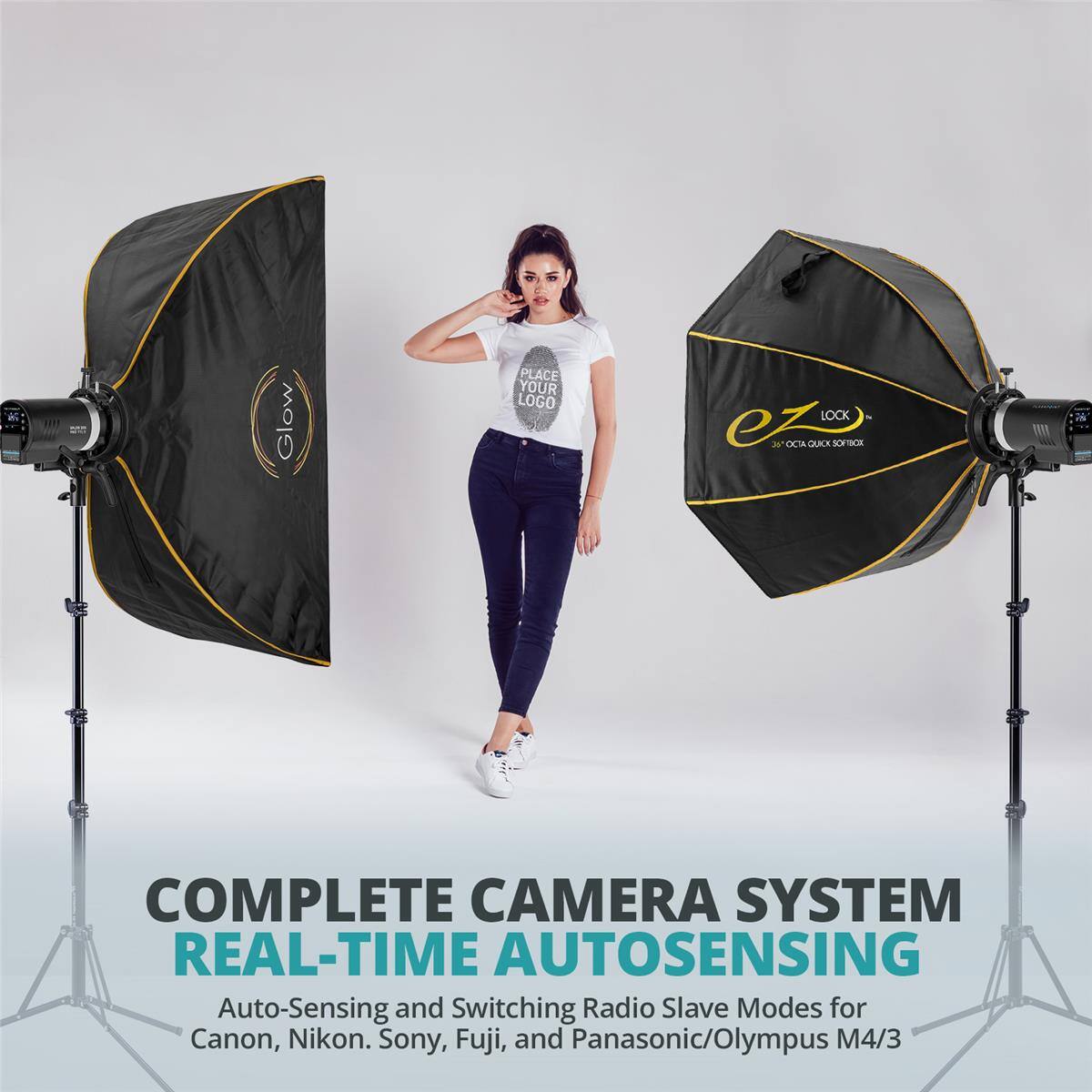 Glow PLACE YOUR LOGO LOCK ez 2 CCIA QUICK SOPSOR COMPLETE CAMERA SYSTEM REAL-TIME AUTOSENSING Auto-Sensing and Switching Radio Slave Modes for Canon, Nikon, Sony, Fuji, and Panasonic/Olympus M4/3
