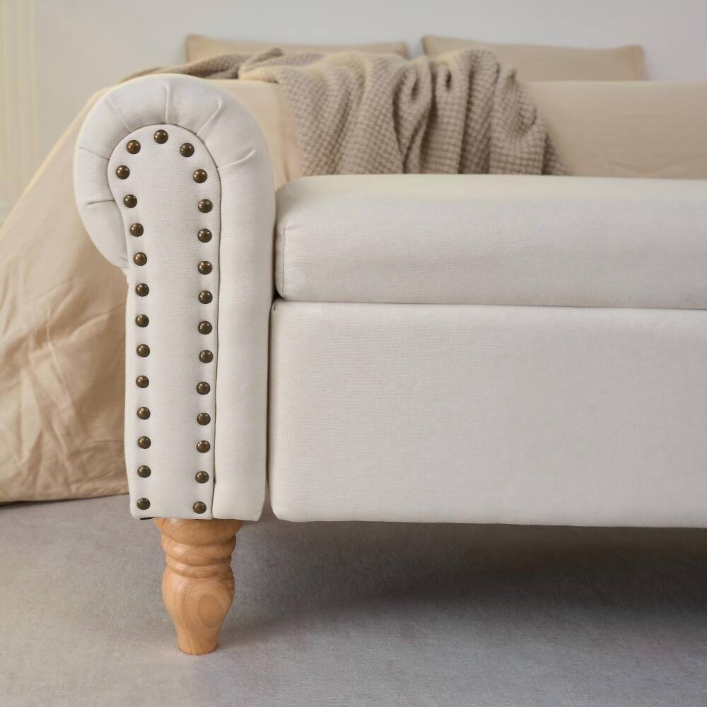 Alt View 4. Ropilly - Ropilly Beige Storage Ottoman Bench, Fabric End of Bed Bench with Rolled Arms and Wood Legs for Entryway and Living Room - Beige.