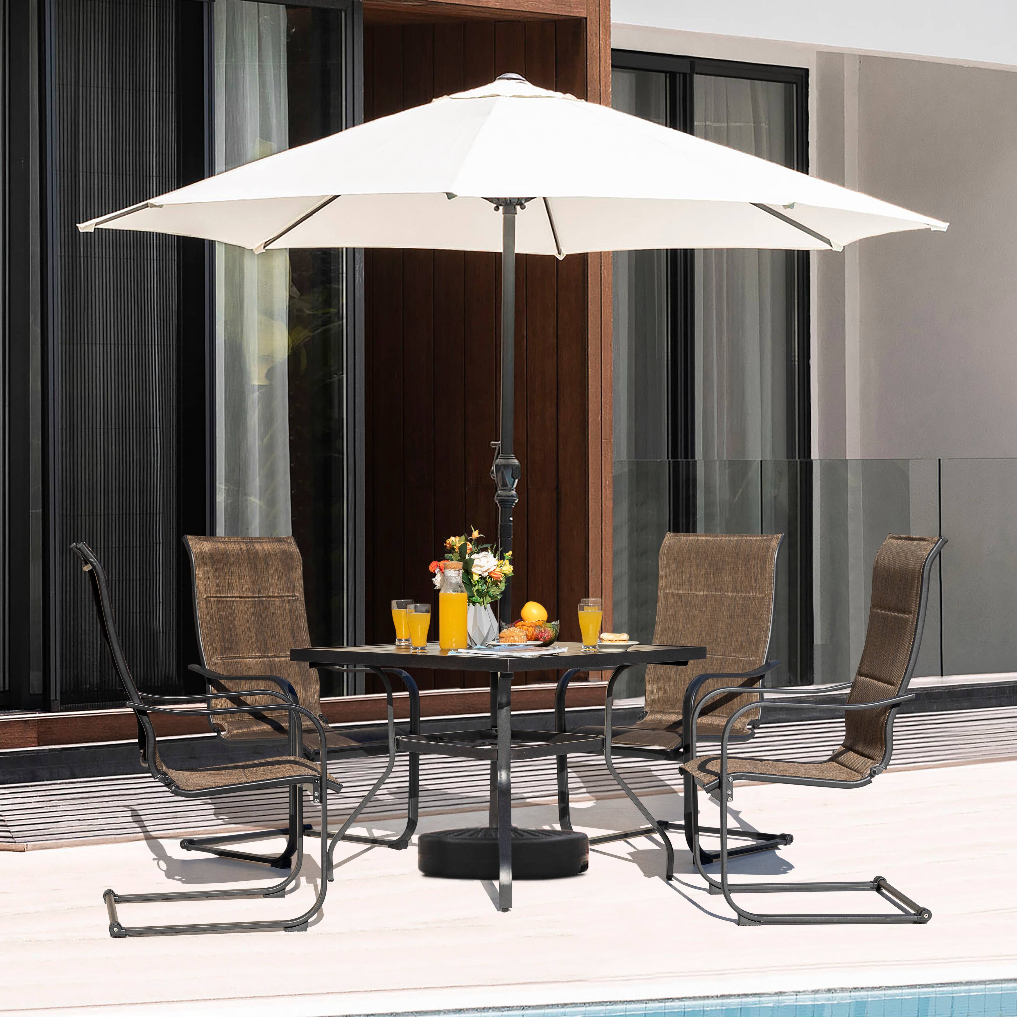 Left. Nuu Garden - Patio 5-Piece Dining Set, Premium Textilene Chairs, Square Iron Table - Brown.