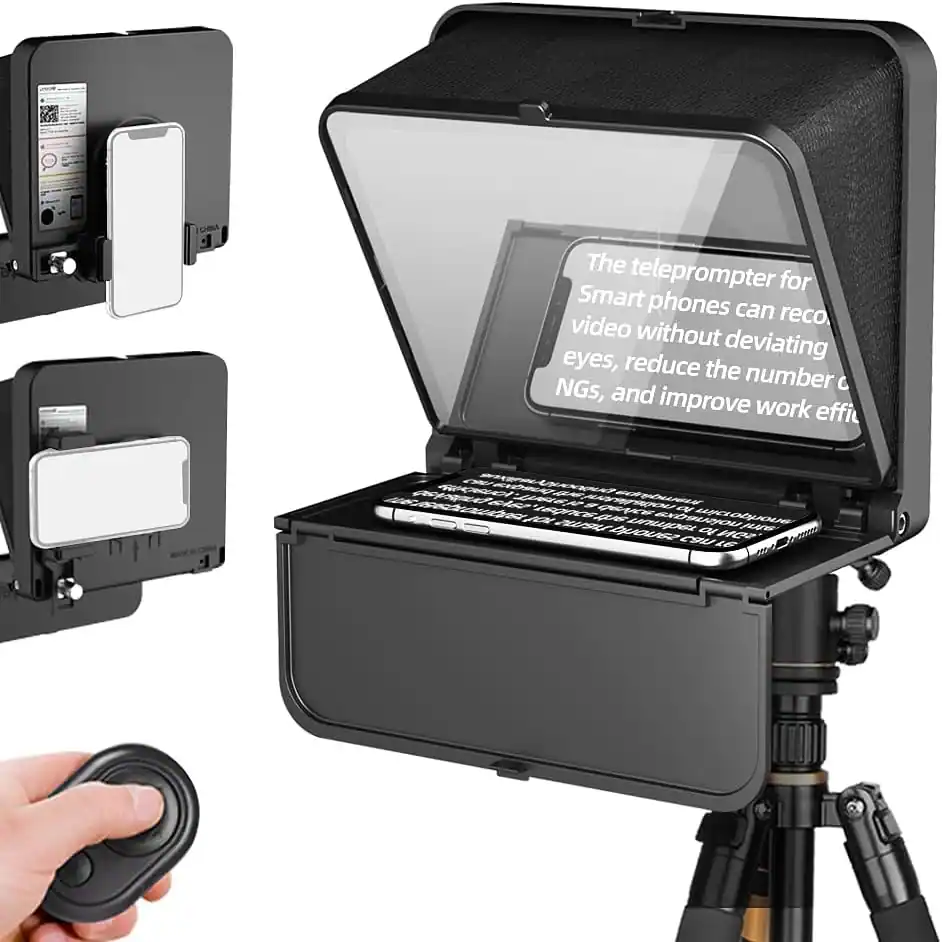 The teleprompter for Smart phones can record video without deviating eyes, reduce the number of NGs, and improve work efficiency.
