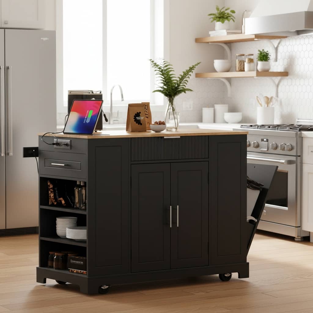 Forest'nSky - Kitchen Island with Trash Can Storage Cabinet, Power Outlet with 3 Drawers & 3 Side Racks - Black