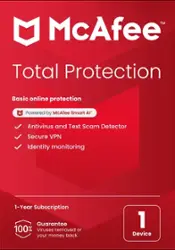 McAfee - Total Protection (1-Device) Antivirus & Internet Security Software (1-Year Subscription) - Android, Apple iOS, Chrome, Mac OS, Windows - Front_Zoom