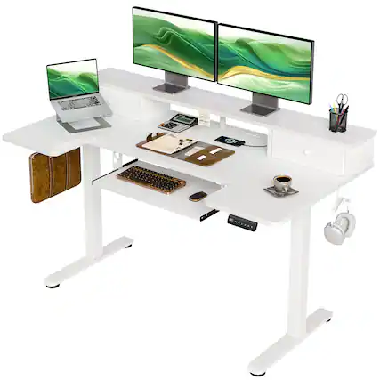 Front. OffiGo - 55" U Shaped Electric Standing Desk with Drawers, Height Adjustable Sit Stand Table with Power Outlets for Home Office - White.