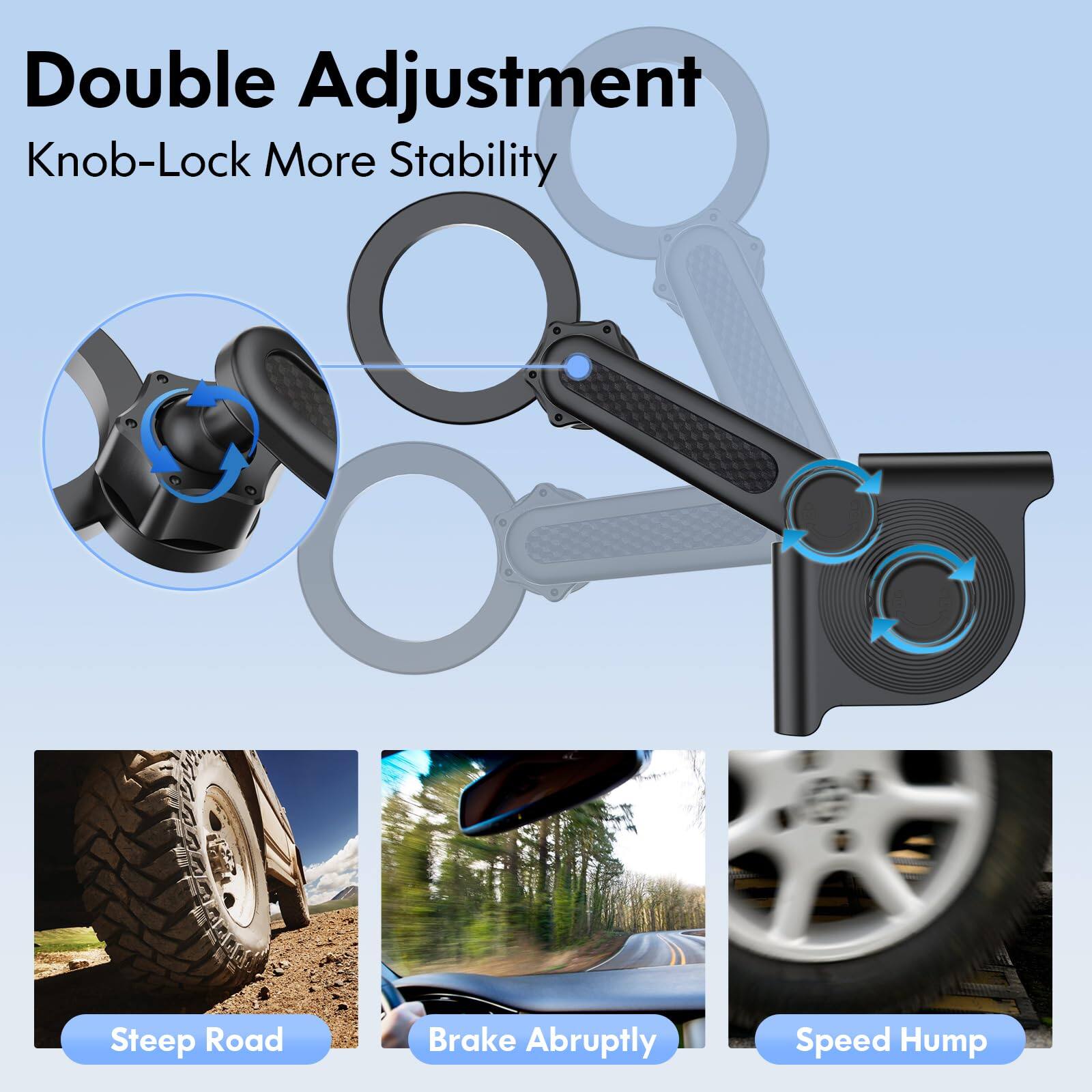 Double Adjustment  
Knob-Lock More Stability  

Steep Road  
Brake Abruptly  
Speed Hump