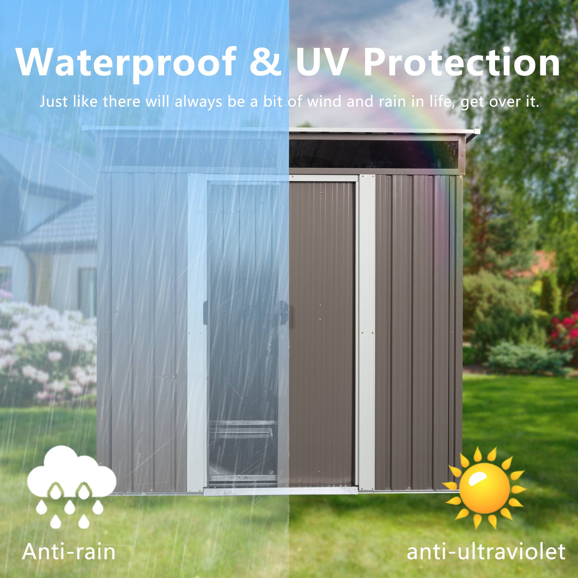 Waterproof & UV Protection

Just like there will always be a bit of wind and rain in life, get over it.

Anti-rain  
anti-ultraviolet