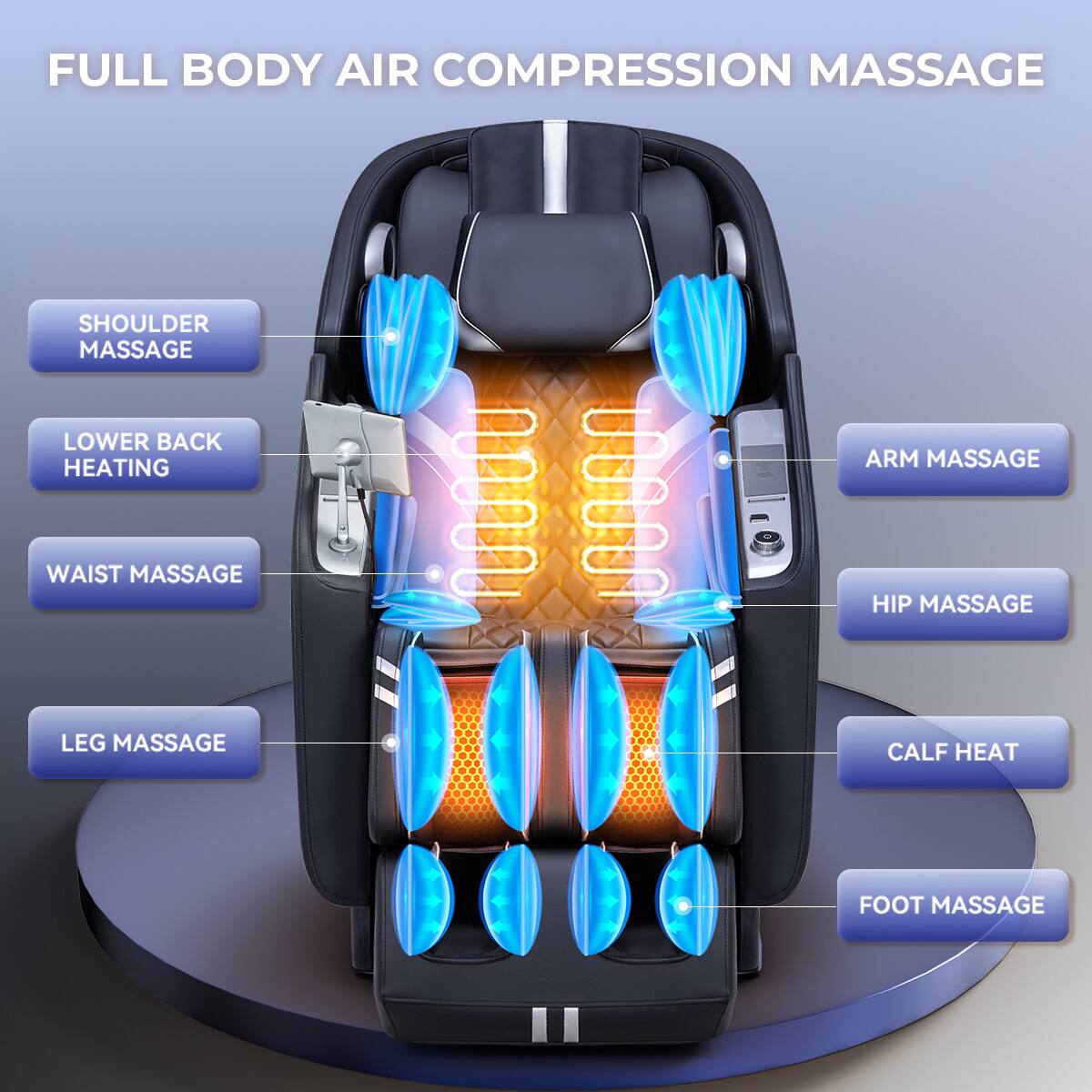 FULL BODY AIR COMPRESSION MASSAGE

- SHOULDER MASSAGE
- LOWER BACK HEATING
- WAIST MASSAGE
- LEG MASSAGE
- ARM MASSAGE
- HIP MASSAGE
- CALF HEAT
- FOOT MASSAGE