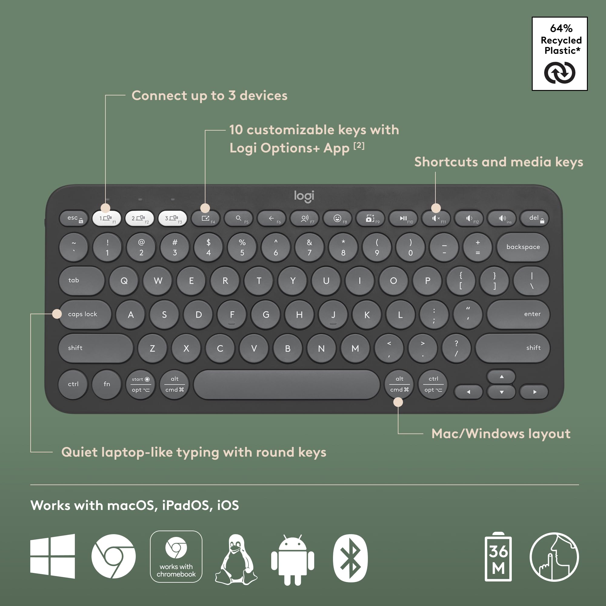 64% Recycled Plastic*

Connect up to 3 devices

10 customizable keys with Logi Options+ App [2]

Shortcuts and media keys

Quiet laptop-like typing with round keys

Mac/Windows layout

Works with macOS, iPadOS, iOS

Works with Chromebook

36 M

