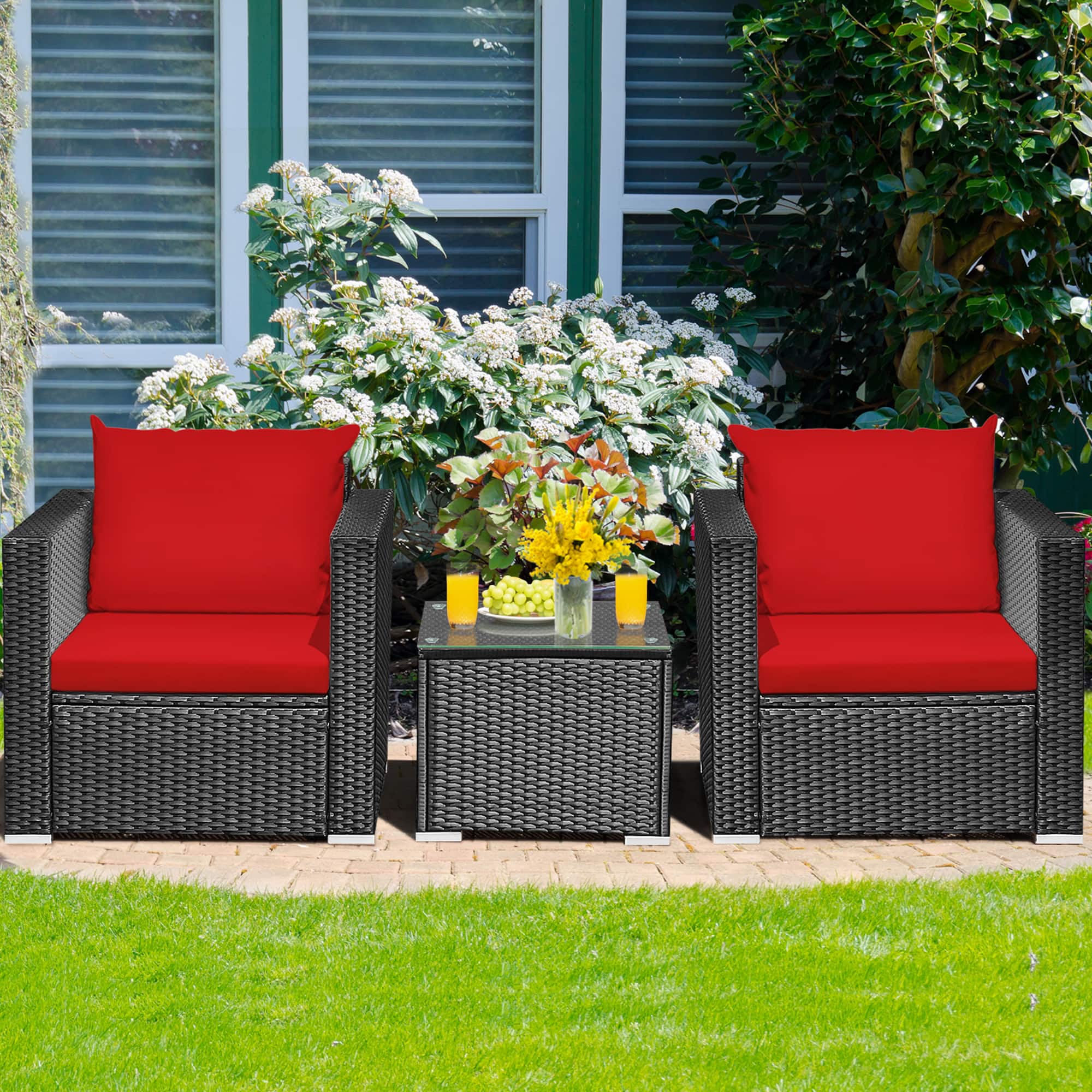 Gymax - 3PCS Rattan Patio Conversation Furniture Set Outdoor w/ Red Cushions - Black