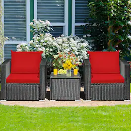 Gymax - 3PCS Rattan Patio Conversation Furniture Set Outdoor w/ Red Cushions - Black