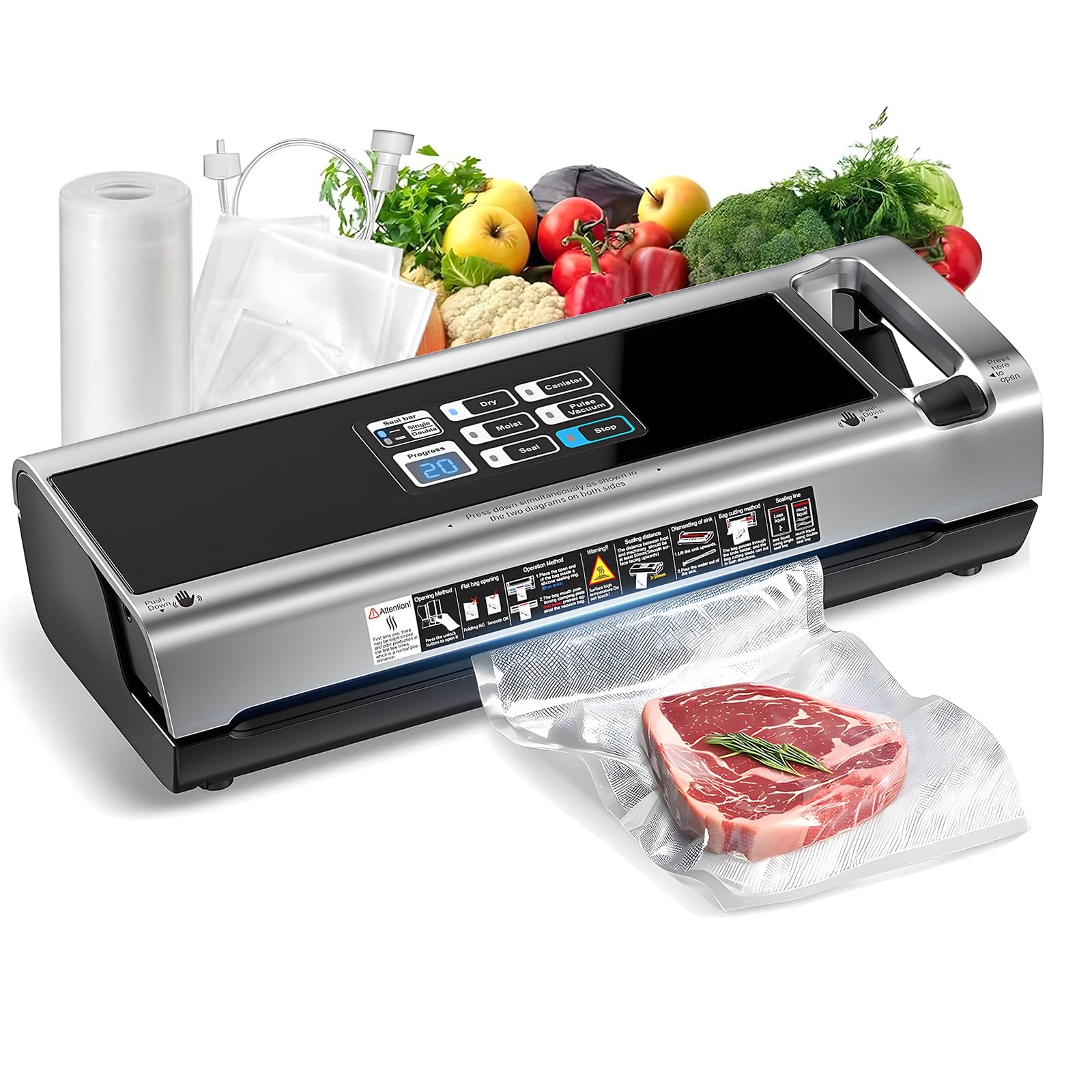 GlowWise - 90KPa Powerful Vacuum Sealer, Portable & Space-Saving Vertical Design, One-Touch Open, Detachable to Clean - Silver