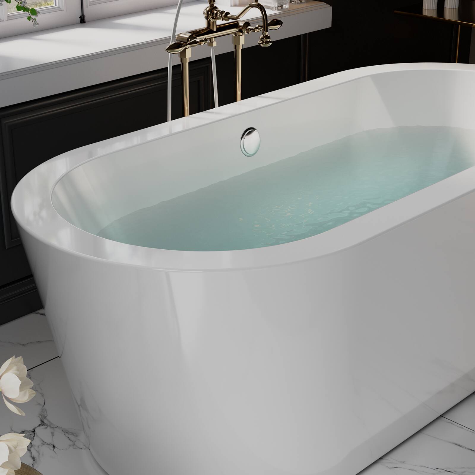 Back. Empava - 59 in. x 31.5 in. Freestanding Flat Bottom Bath Tub Oval Soaking Bathtub with Center Drain - White.