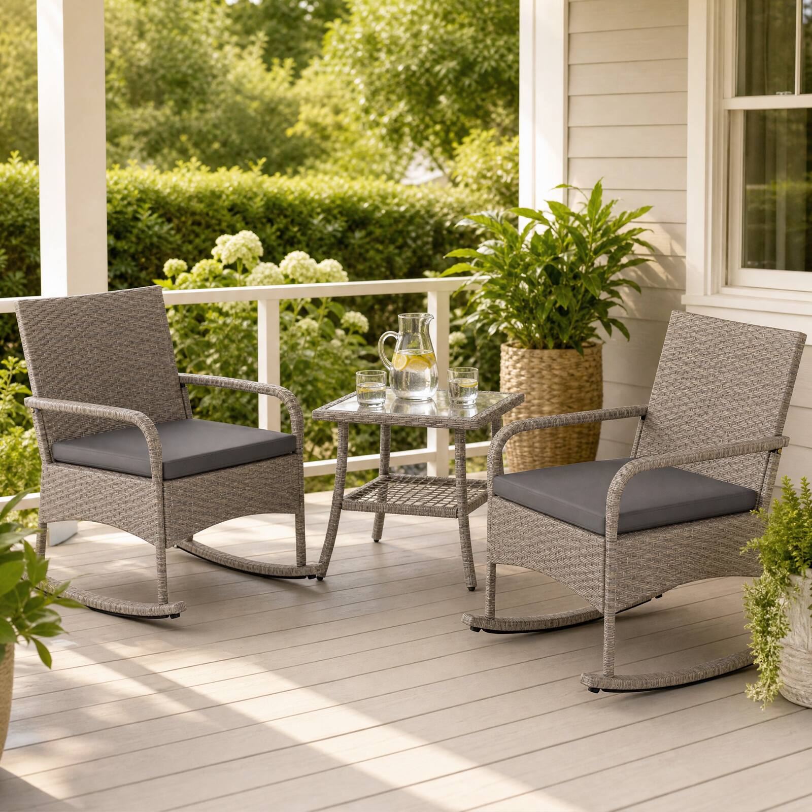 Alt View 3. Costway - Costway 3-Piece Outdoor Rocking Bistro Set with Cushions & Glass Coffee Table for Garden - Gray.