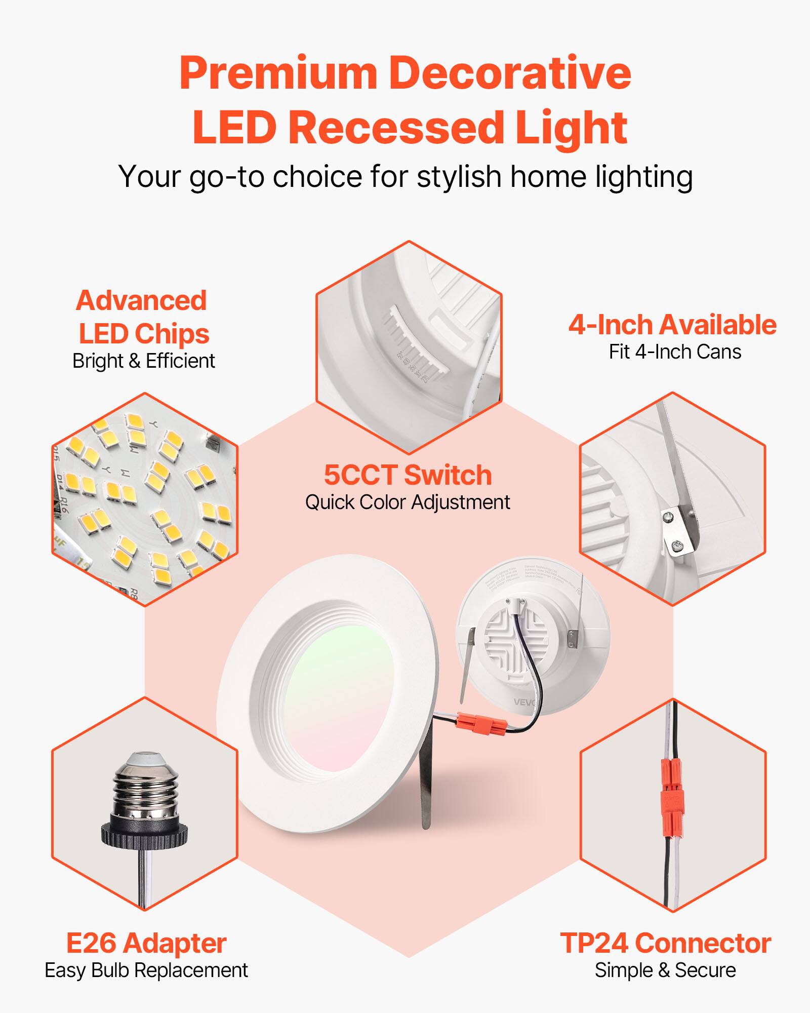 Premium Decorative LED Recessed Light  
Your go-to choice for stylish home lighting  

- Advanced LED Chips  
  Bright & Efficient  

- 5CCT Switch  
  Quick Color Adjustment  

- 4-Inch Available  
  Fit 4-Inch Cans  

- E26 Adapter  
  Easy Bulb Replacement  

- TP24 Connector  
  Simple & Secure