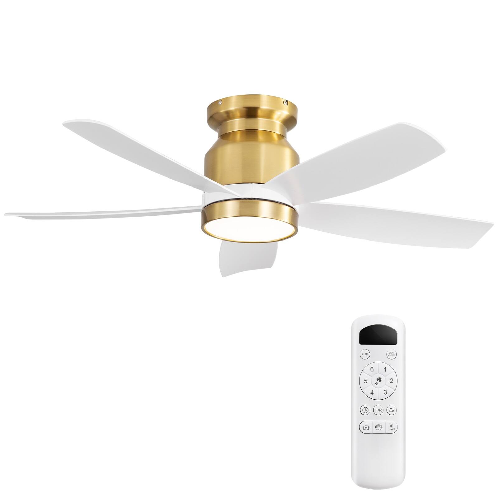 Front. Sofucor - 42 Inch Flush Mount Ceiling Fan with Lights & Remote Ultra Quiet 6-Speed DC Motor Bedroom Modern Low Profile Fan - Gold White.