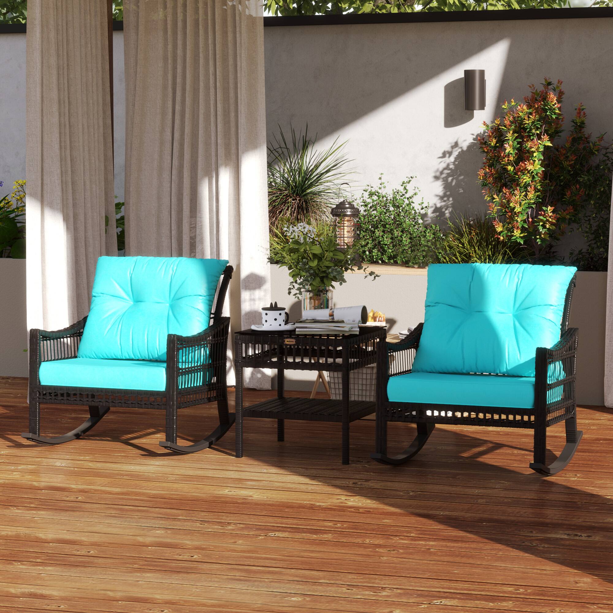Alt View 7. Outsunny - Piece Outdoor PE Rattan Rocker Chair Set, Rocking Chair with Tempered Glass Table Top - Turquoise.