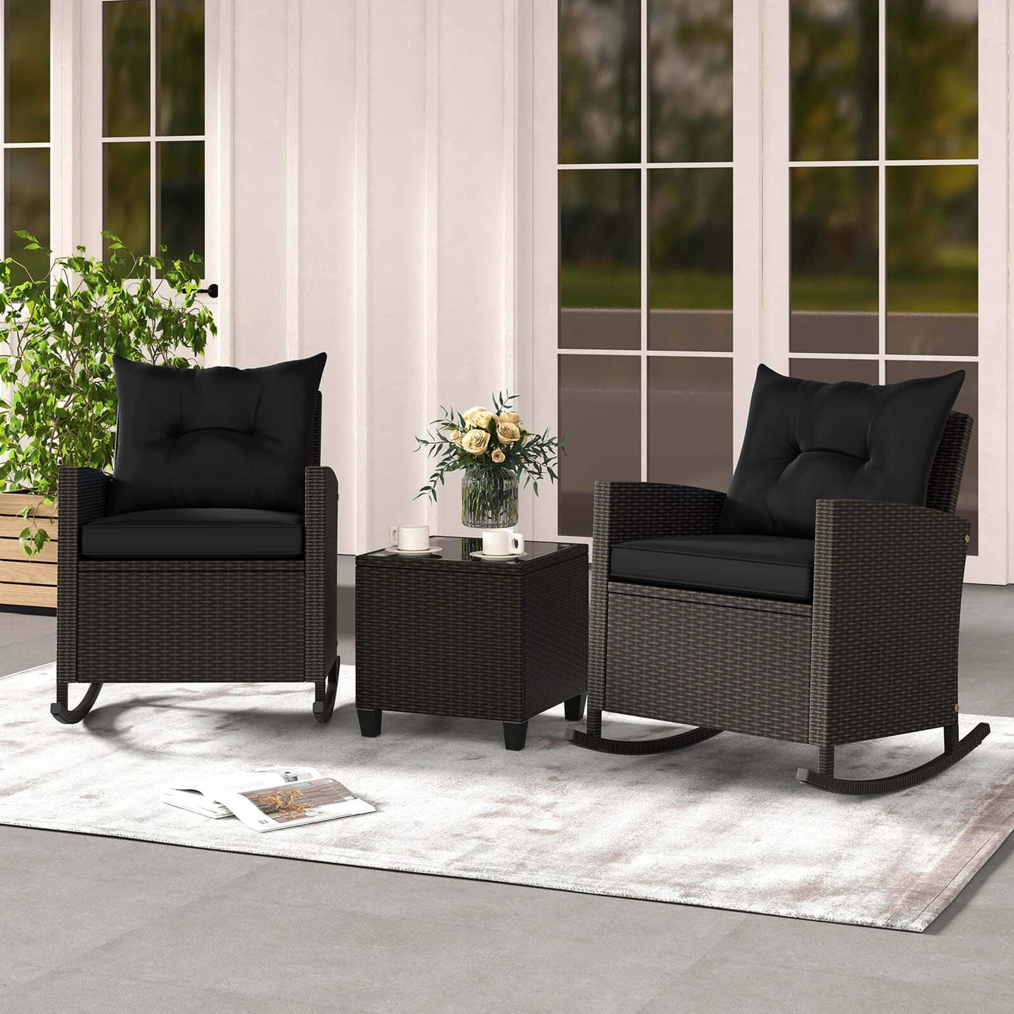 Alt View 1. Costway - 3 PCS Patio Wicker Rocking Set with Tempered Glass Table & Soft Cushions Outdoor - Black.