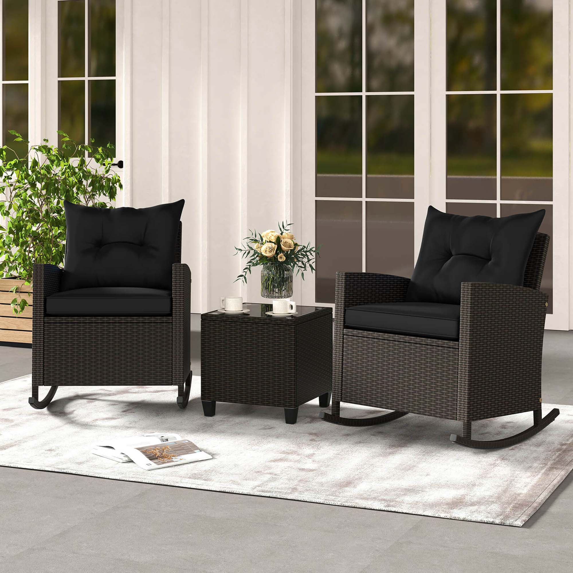 Alt View 1. Costway - 3 PCS Patio Wicker Rocking Set with Tempered Glass Table & Soft Cushions Outdoor - Black.