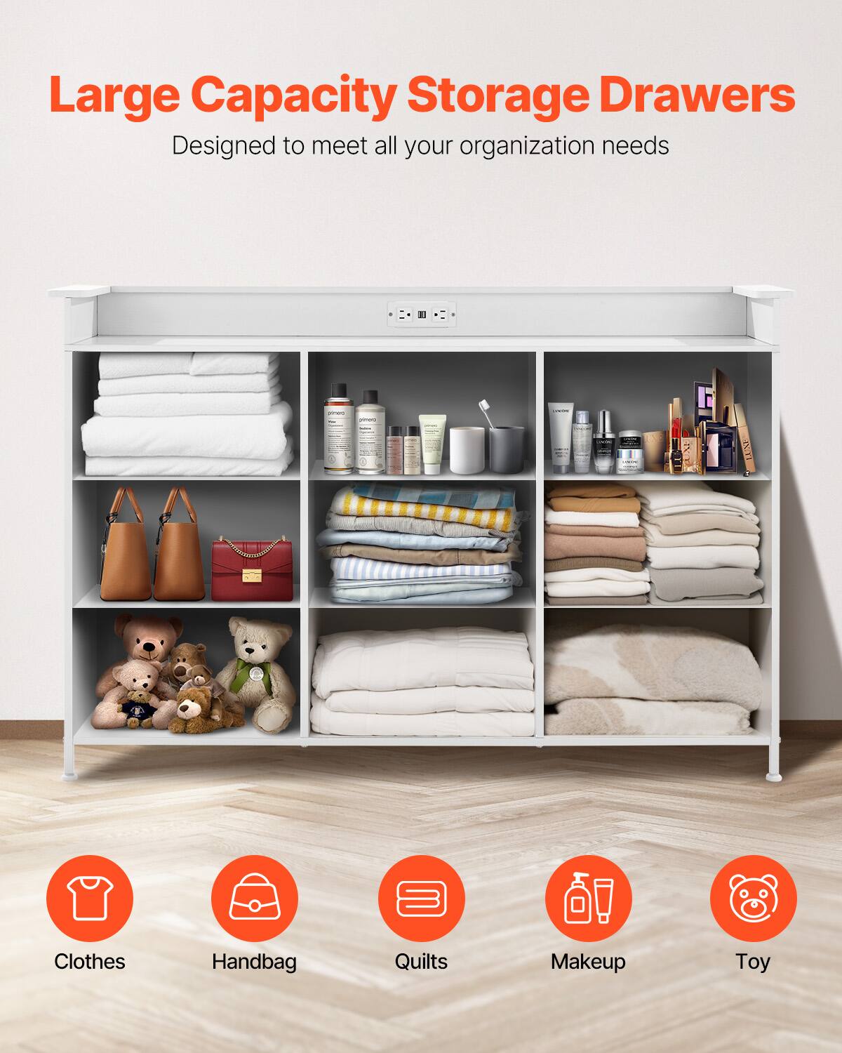 Large Capacity Storage Drawers  
Designed to meet all your organization needs  

Clothes  
Handbag  
Quilts  
Makeup  
Toy