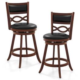 Gymax - 24 Inch Bar Stools Set of 2 w/ Rubber Wood Frame Faux Leather Upholstered Seat - Brown, Black
