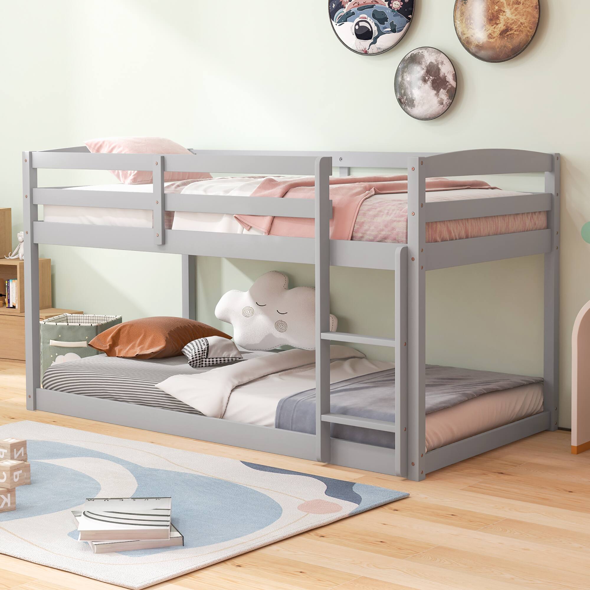 Alt View 2. Costway - Costway Twin over Twin Low Bunk Bed with Guardrails Integrated Ladder Kids Wooden - Grey.