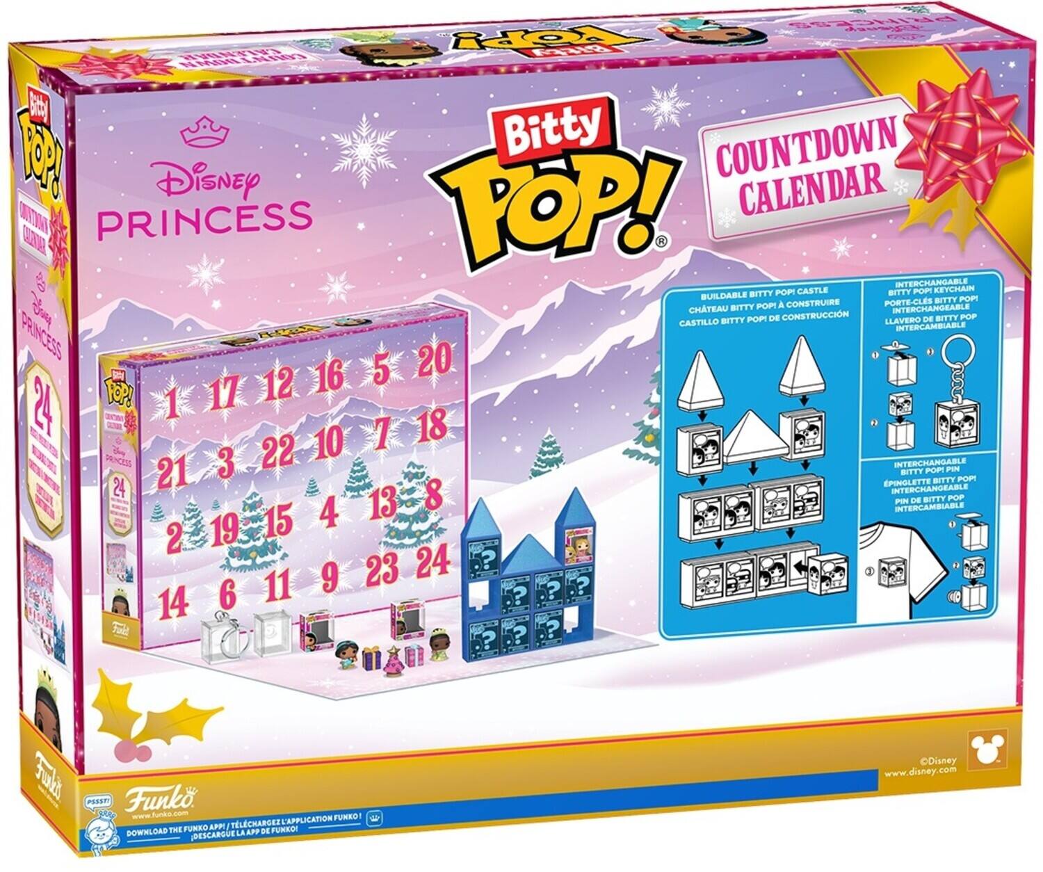 The text on the image is a promotional advertisement for a Disney Princess Bitty Pop! Countdown Calendar. Here is the corrected and grouped text:

---

**Disney Princess Bitty Pop! Countdown Calendar**

- **Buildable Bitty Pop Castle**
  - Château Bitty Pop à construire
  - Castillo Bitty Pop de Construcción
  - Interchangeable Bitty Pop Keychain
  - Porte-clefs Bitty Pop Interchangeable
  - Llaverito de Bitty Pop Intercambiable

- **Interchangeable Pop!**
  - Pin de Bitty Pop Interchangeable

- **Numbers on the Calendar:**
  - 1 17 12 16 5 20
  - 21 3 22 10 7 18
  - 2 19 15 4 13 8
  - 14 6 11 9 23 24

- **Funko App:**
  - Download the Funko App
  - Téléchargez l'application Funko!
  - Descargue la aplicación Funko!

- **Website:**
  - www.disney.com

---

This text highlights the features of the calendar, including the buildable Bitty Pop castle and interchangeable Pop! pins, along with instructions to download the Funko app and visit the Disney website.