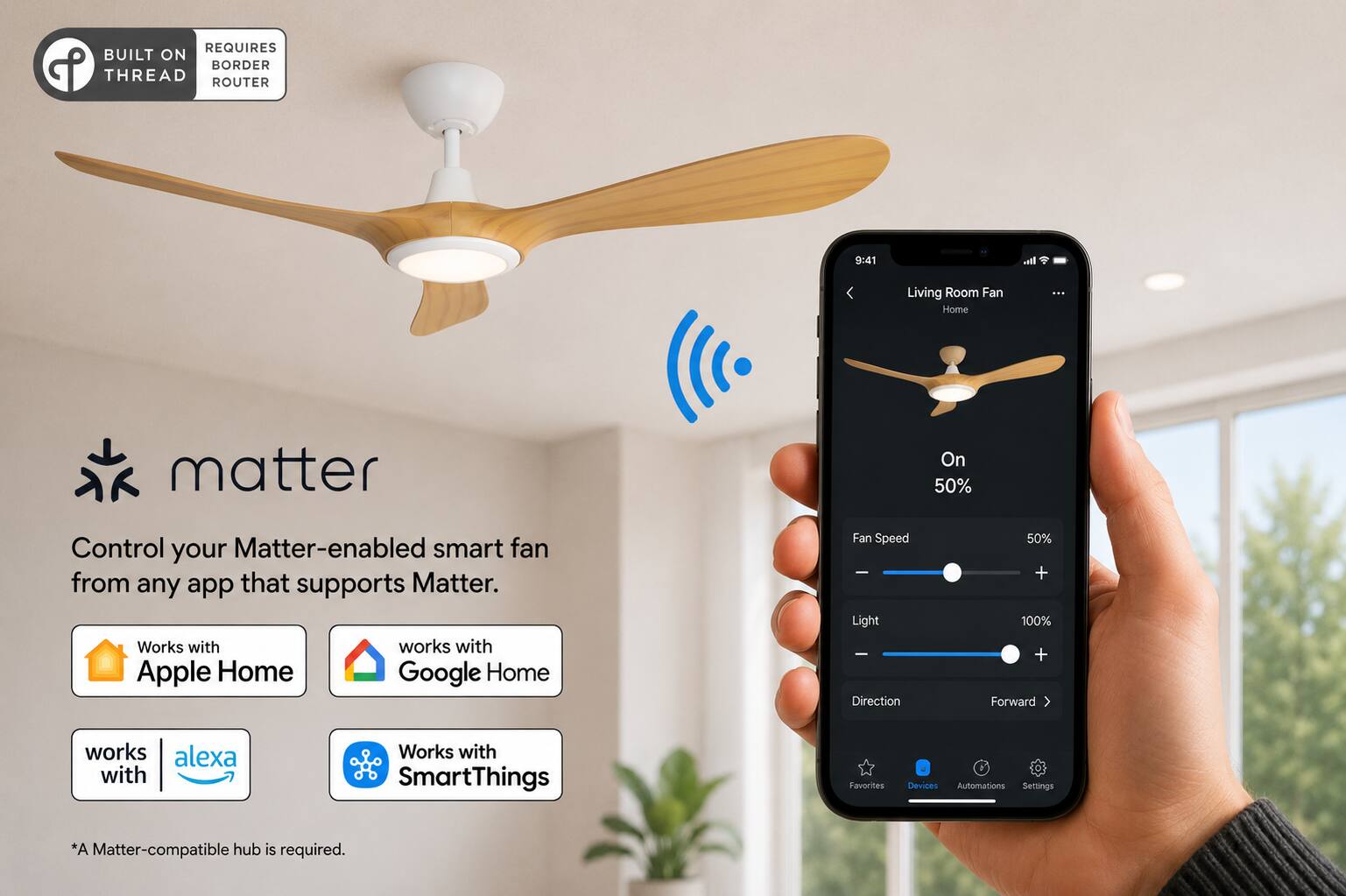 REQUIRES BUILT ON THREAD BORDER ROUTER

9:41

Living Room Fan Home

BUY

matter

On 50%

Control your Matter-enabled smart fan from any app that supports Matter. Works with Apple Home Google Home

Fan Speed Light Direction

50% + 100% + Forward

works alexa with

Works with SmartThings

Favorites

Devices Automations Settings

*A Matter-compatible hub is required.