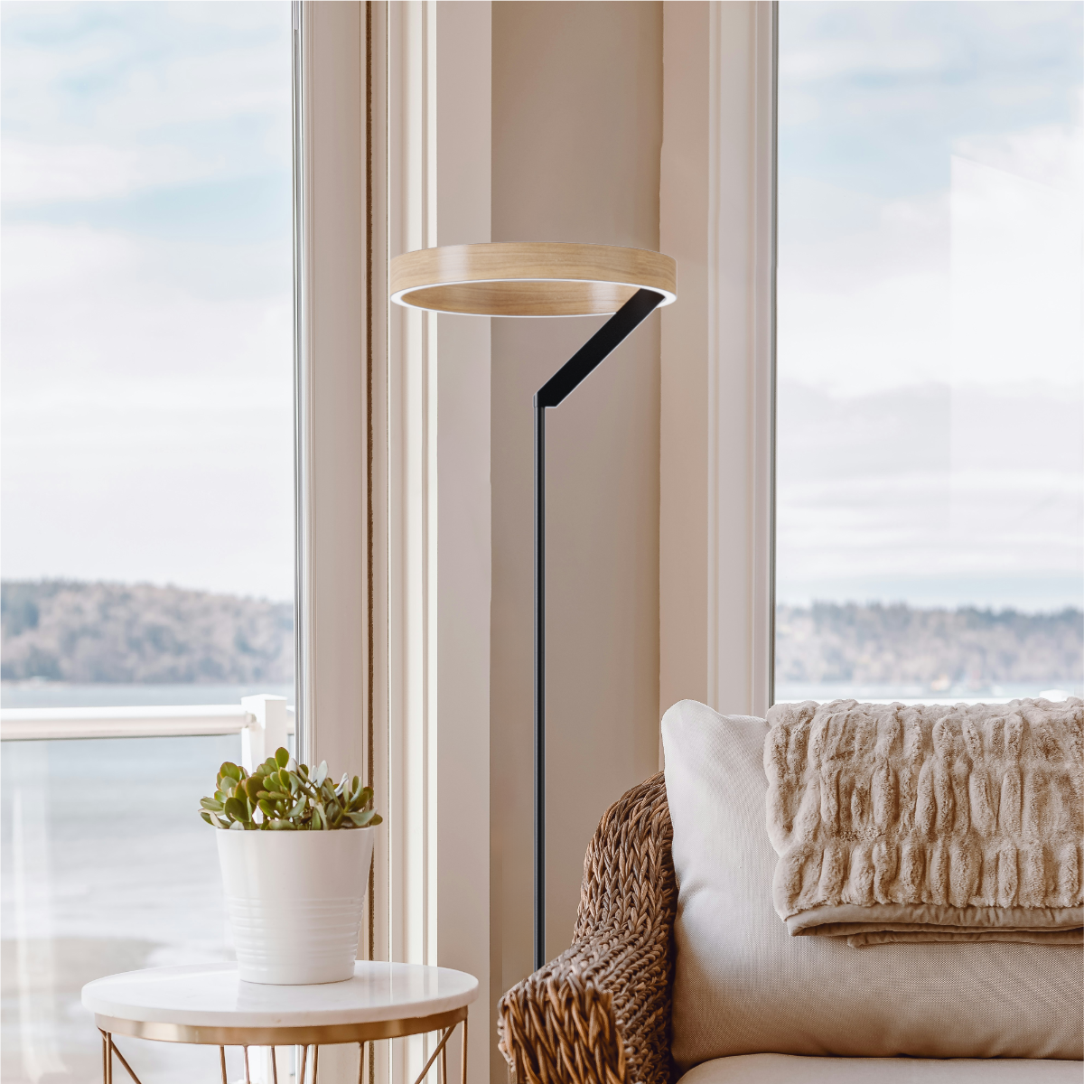 Alt View 1. Infibrite - Modern 24W LED Floor Lamp 63 Inch, 2700K Warm Light, Angled Base, Integrated LED, Stepless Dimming - White.