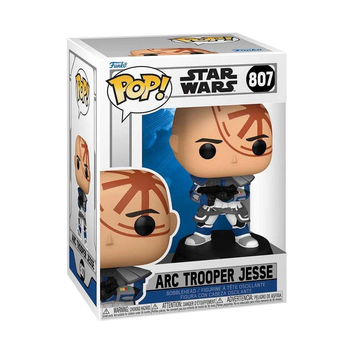 Sure, here is the corrected and grouped text from the image:

---

**Front:**
- **Funko POP!**
- **STAR WARS 807**
- **ARC TROOPER JESSE**
- **BOBBLEHEAD / FIGURINE À TÊTE OSCILLANTE / FIGURA CON CABEZA OSCILANTE**
- **WARNING: CHOKING HAZARD - Small parts. Not for children under 3 years.**
- **ADVERTENCIA: PEQUEÑOS PIEZAS. NO ADECUADO PARA MENORES DE 3 AÑOS.**
- **ATTENTION: DANGER DE TOUFFEMENT - Pièces petites. Ne convient pas aux enfants de moins de 3 ans.**

**Side:**
- **ARC TROOPER JESSE**
- **BOBBLEHEAD / FIGURINE À TÊTE OSCILLANTE / FIGURA CON CABEZA OSCILANTE**
- **DANGER DE TOUFFEMENT - ADVERTENCIA: PEQUEÑOS PIEZAS. NO ADECUADO PARA MENORES DE 3 AÑOS.**

**Bottom:**
- **WARNING: CHOKING HAZARD -