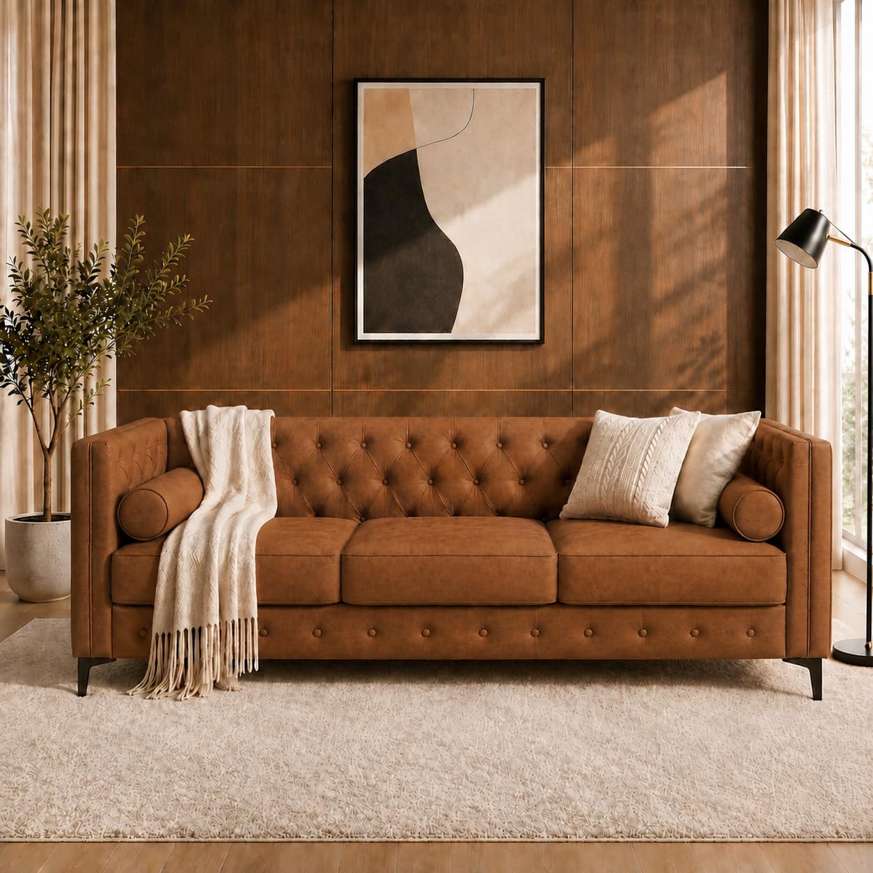 Meqiodas - 78.5" Faux Leather Sofa Couch for Living Room, Luxury Button Tufted 3 Seater Sofa with Gold Metal Legs and Pillows - Brown