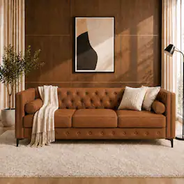 Meqiodas - 78.5" Faux Leather Sofa Couch for Living Room, Luxury Button Tufted 3 Seater Sofa with Gold Metal Legs and Pillows - Brown