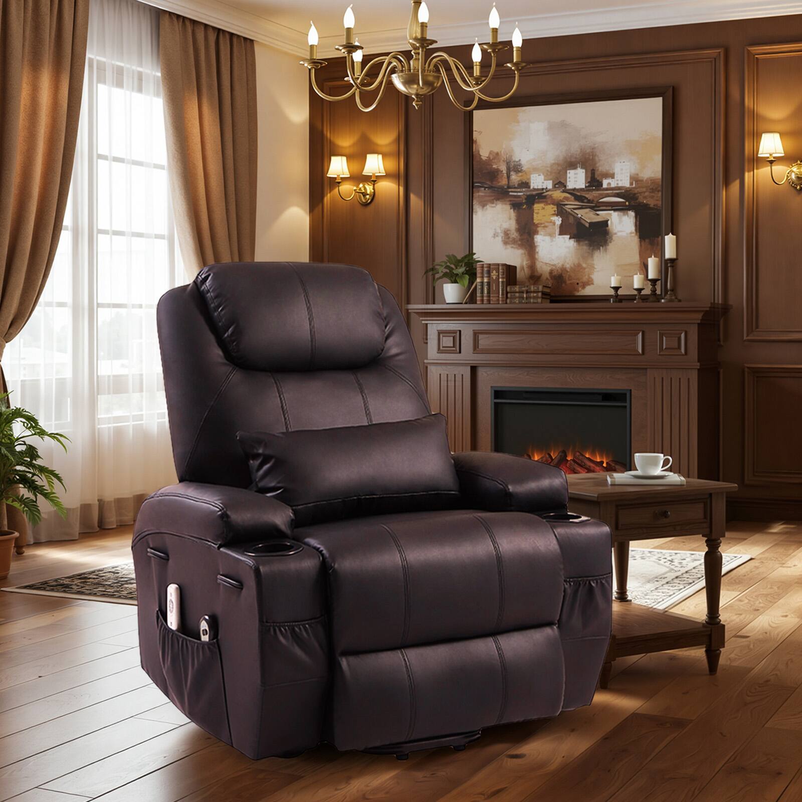 Alt View 1. Bestier - 34.6'' Electric Power Lift Asist Recliner Chair with Massage and Heat, Fax Leather Reclining Chair with Cup Holders - Dark Brown.