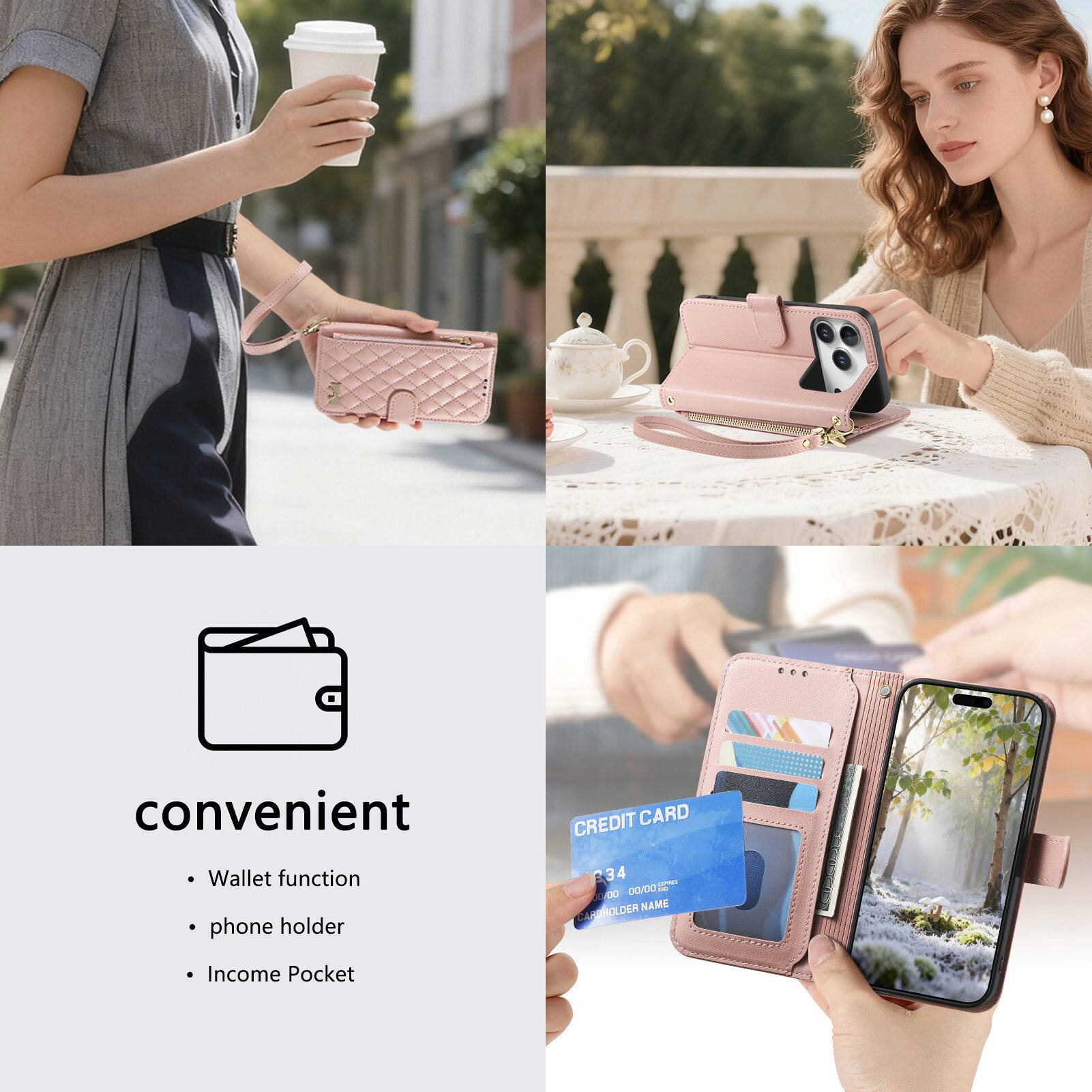 Convenient  
- Wallet function  
- Phone holder  
- Income Pocket  

CREDIT CARD  
234 00/00  
CARDHOLDER NAME