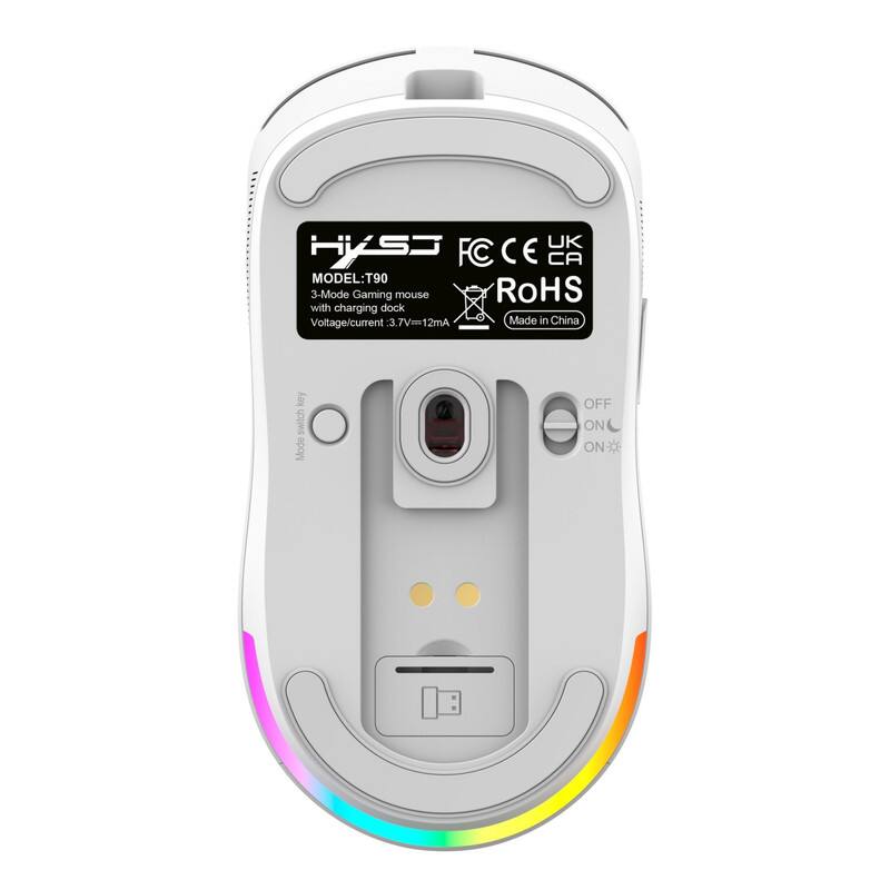 HiS3 UK FC CE CA  
MODEL: T90  
3-Mode Gaming mouse  
RoHS  
with charging dock  
Voltage/current: 3.7V=12mA  
Made in China  
key switch Mode OFF ON ON