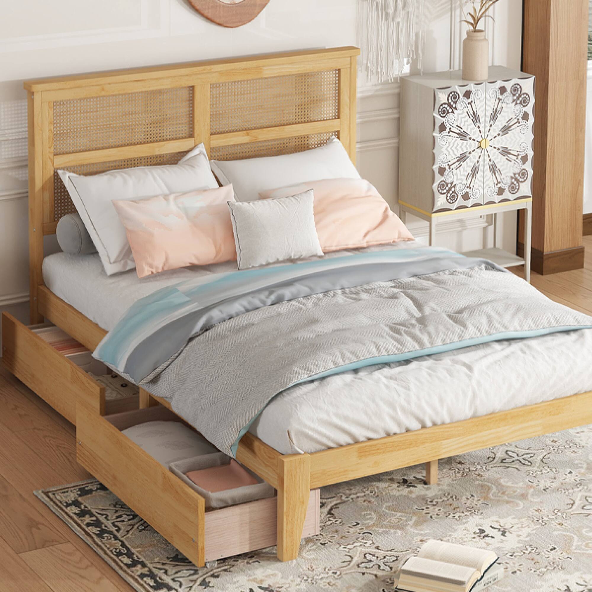 Alt View 8. GOODSILO - Full Size Bed with Rattan Headboard and Two Storage Drawers, Solid Wood Frame with Enhanced Support Slats - White Oak.