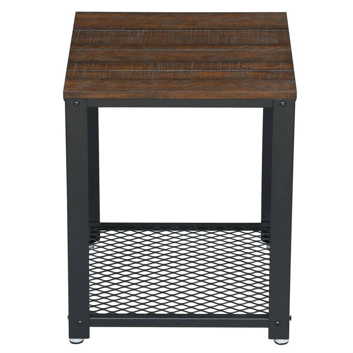 Angle. Hivvago - Modern Industrial Metal Wood Nightstand Side Table with Mesh Shelf - Rustic Brown, Black.