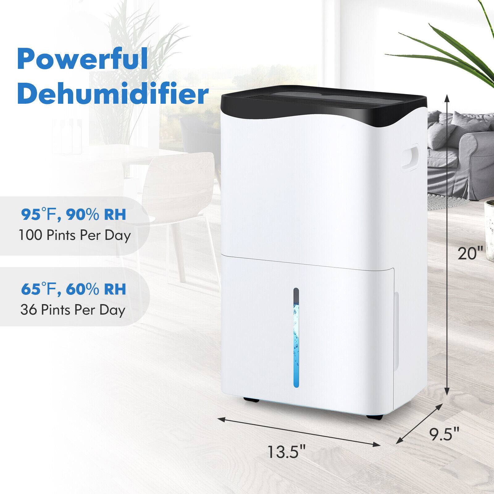 Powerful Dehumidifier

95°F, 90% RH  
100 Pints Per Day

65°F, 60% RH  
36 Pints Per Day

20"  
13.5"  
9.5"