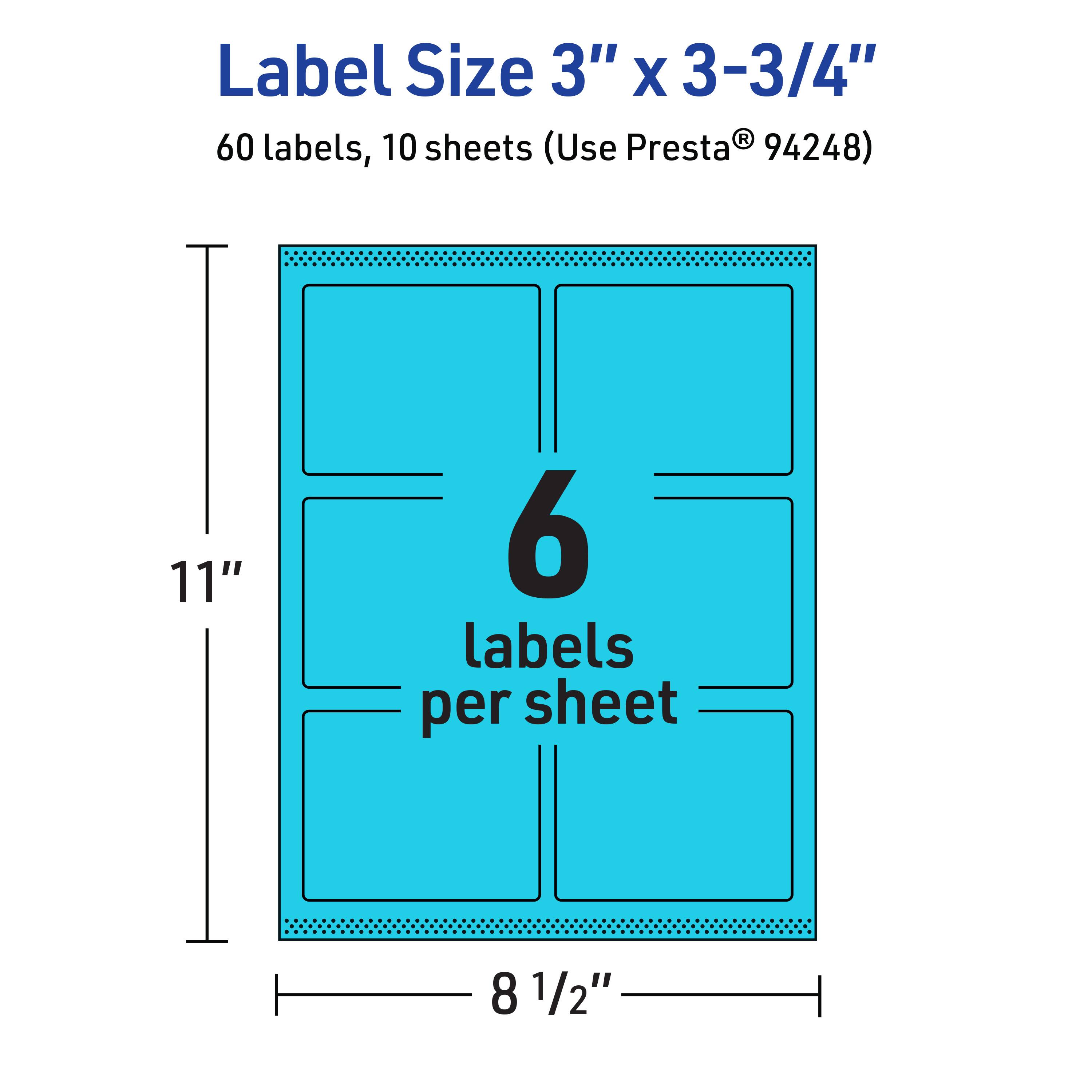 Label Size 3" x 3-3/4"  
60 labels, 10 sheets (Use Presta® 94248)  
11"  
6 labels per sheet  
8 1/2"