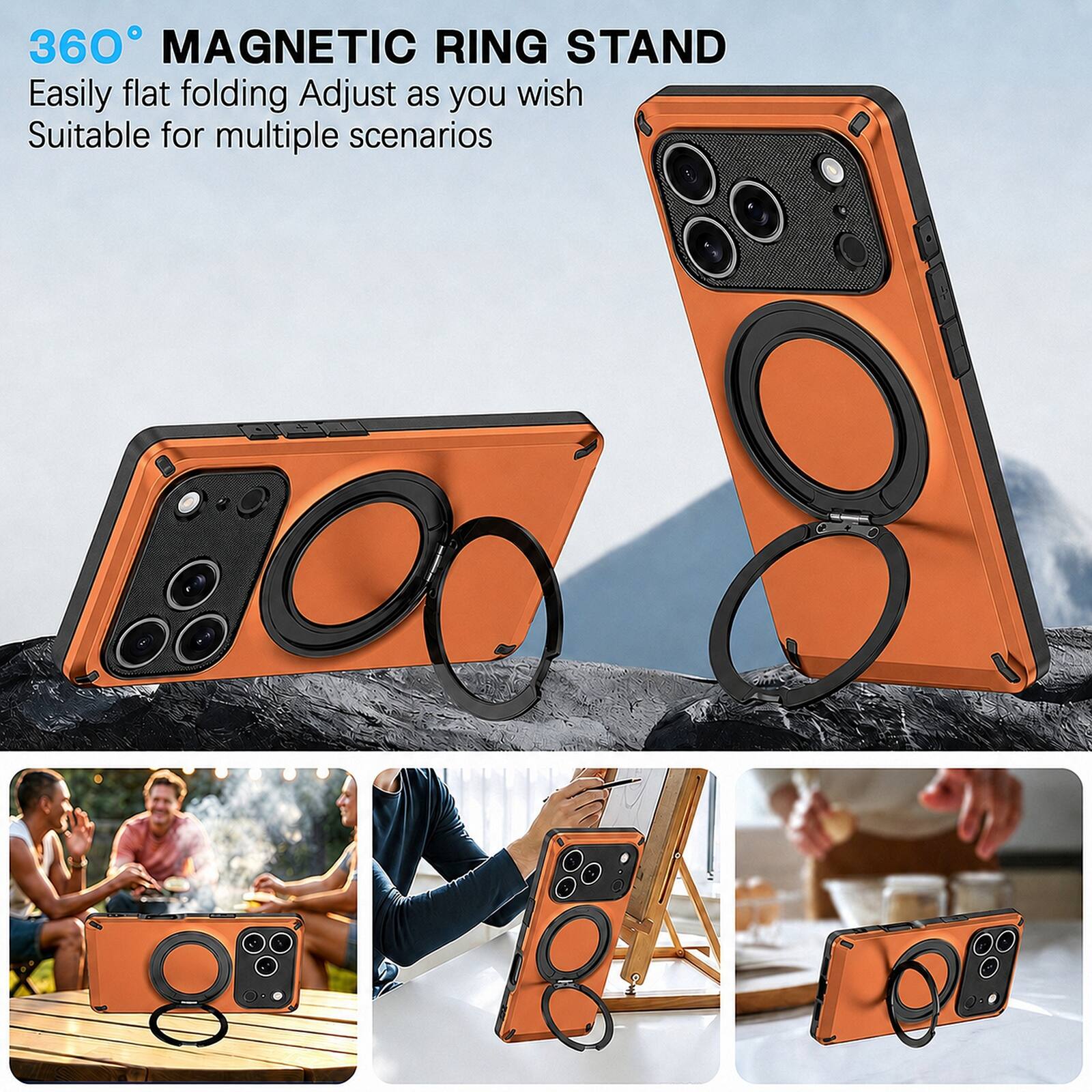 360° MAGNETIC RING STAND  
Easily flat folding Adjust as you wish  
Suitable for multiple scenarios