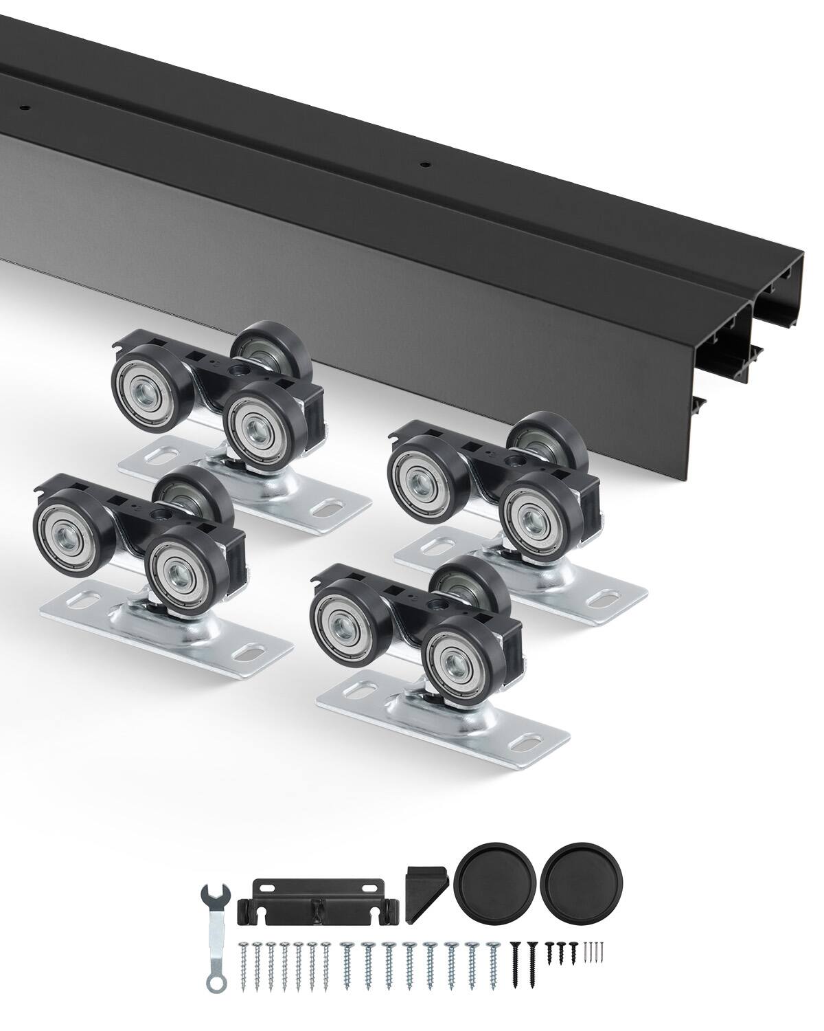 Front. VEVOR - Bypass Door Hardware, 4ft Heavy Duty Bypass Sliding Door Hardware Kit, Aluminum Alloy Sliding Closet Door Hardware Set - Black.