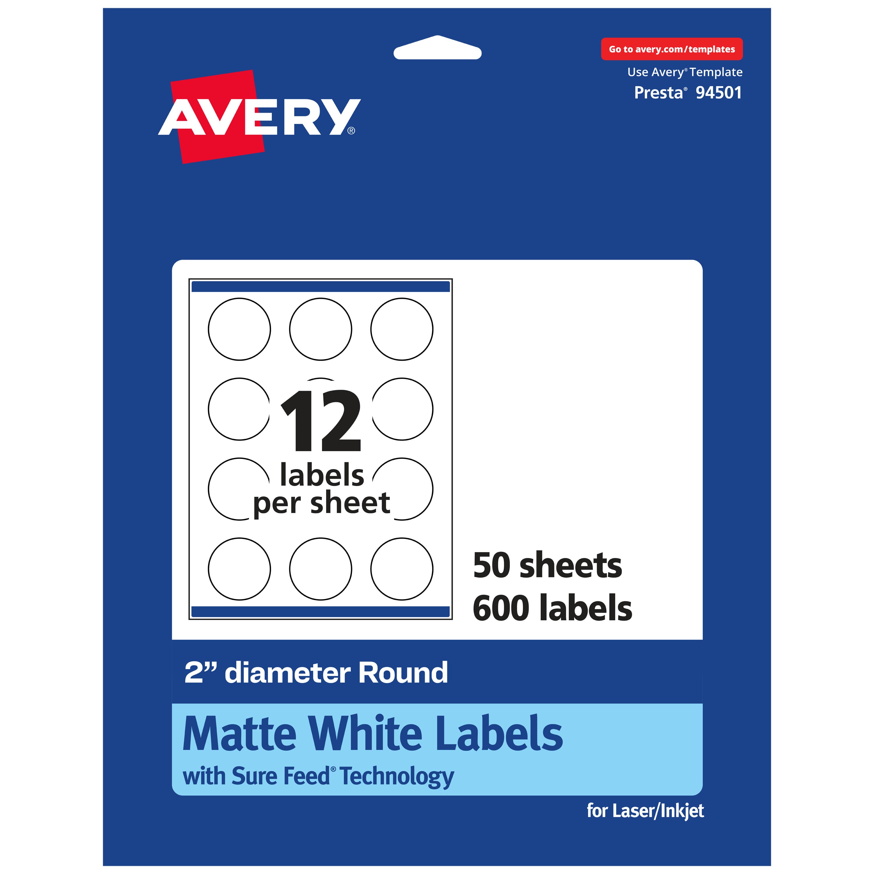 Avery - Matte Round Labels, 2" diameter, 600 Labels - White