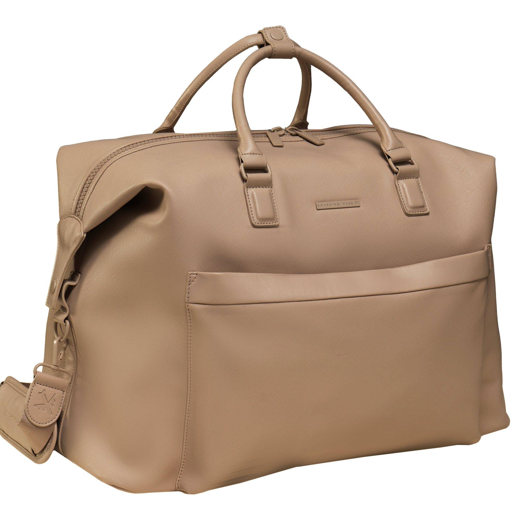 Front. Boarding Pass - Santorini Vegan Saffiano Leather Duffel. - 020-TAUPE.