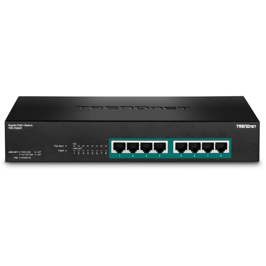 TRENDNET Gigabit PoE+ Switch  
IPE6800F  

Gigabit PoE+ Switch  
IPE6800F  

PoE Alert  
PoE+  
PWR  
1 2 3 4 5 6 7 8  

LINK/ACT  
1000 LINK  
10/100 LINK  
ACT  

Power OK  

TRENDNET